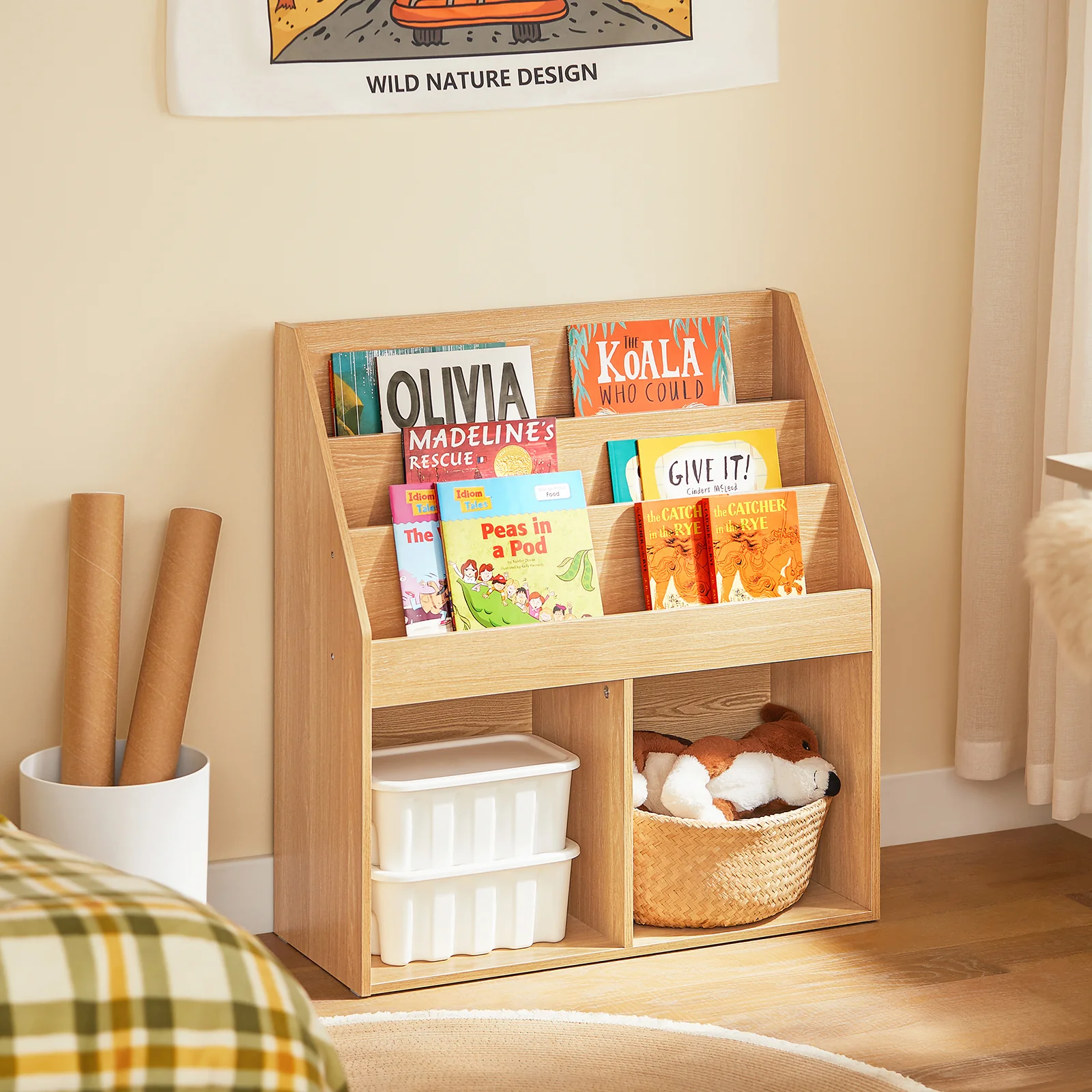 Pre-order SoBuy KMB01-N Kinderbibliotheek met Opbergruimte en 3 Planken, 2 Open Compartimenten – Speelgoedopslag en Boekenrek voor Kinderen, Natuurlijk Hout – 73x30x80 cm - Image 3