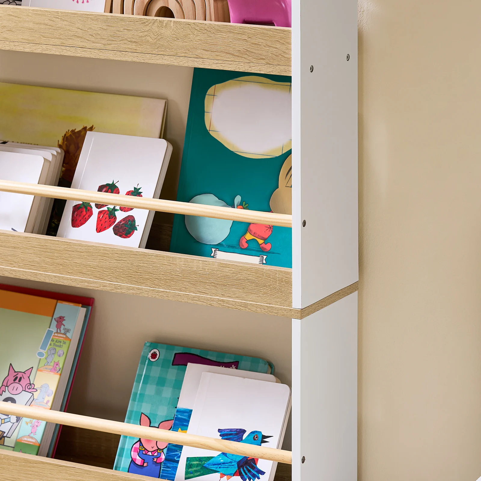 SoBuy KMB121-WN Kinderboekenkast 4 Niveaus – Montessori Boekenrek & Speelgoedopberger, Wit/Naturel, 60×15×130,5 cm - Image 11