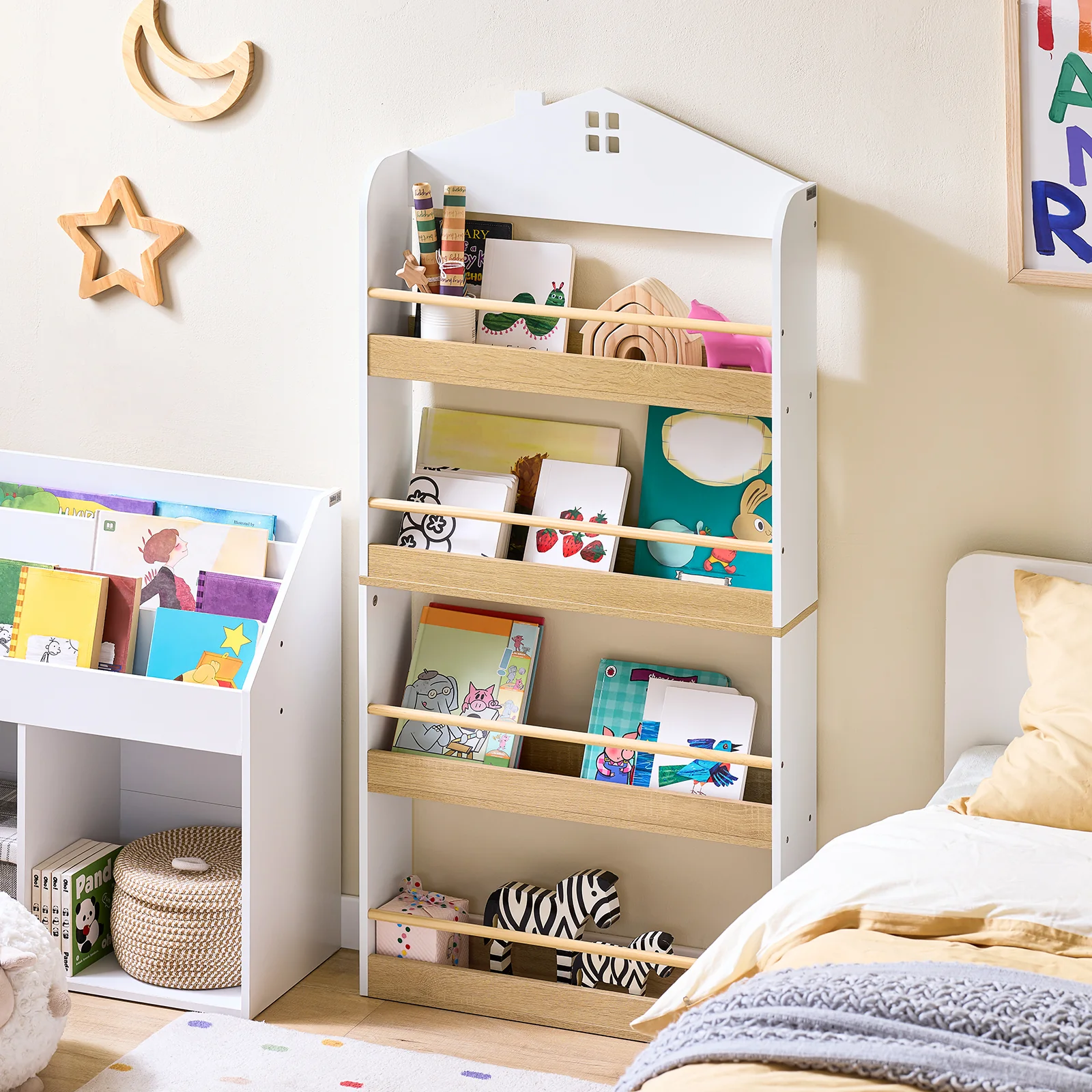 SoBuy KMB121-WN Kinderboekenkast 4 Niveaus – Montessori Boekenrek & Speelgoedopberger, Wit/Naturel, 60×15×130,5 cm - Image 3