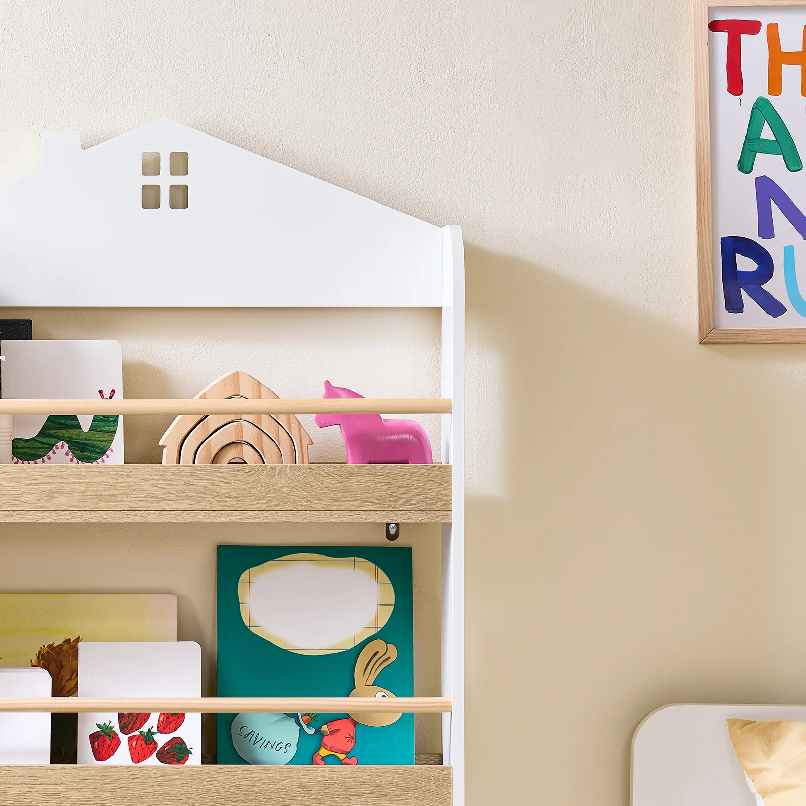 SoBuy KMB121-WN Kinderboekenkast 4 Niveaus – Montessori Boekenrek & Speelgoedopberger, Wit/Naturel, 60×15×130,5 cm - Image 5