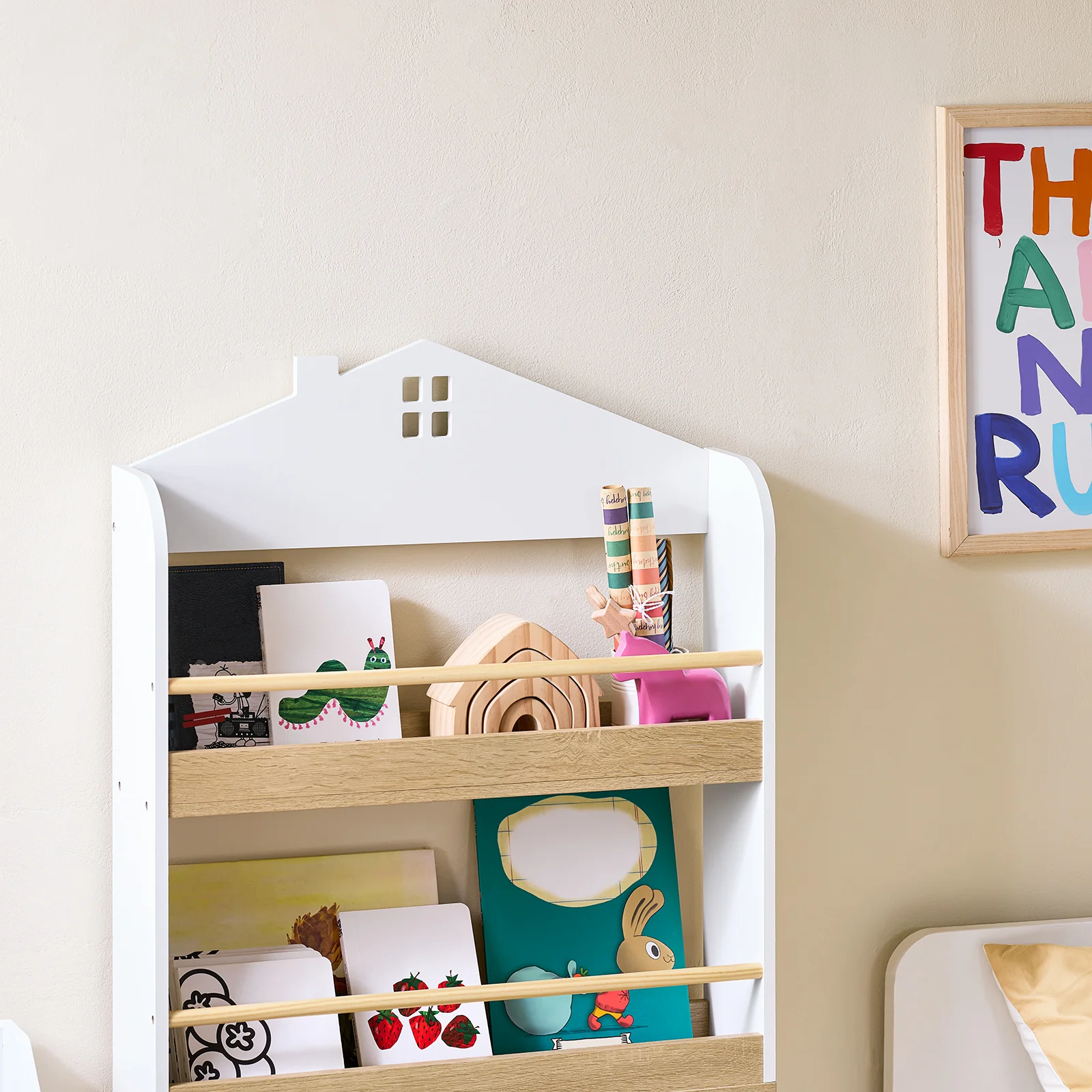 SoBuy KMB121-WN Kinderboekenkast 4 Niveaus – Montessori Boekenrek & Speelgoedopberger, Wit/Naturel, 60×15×130,5 cm - Image 9