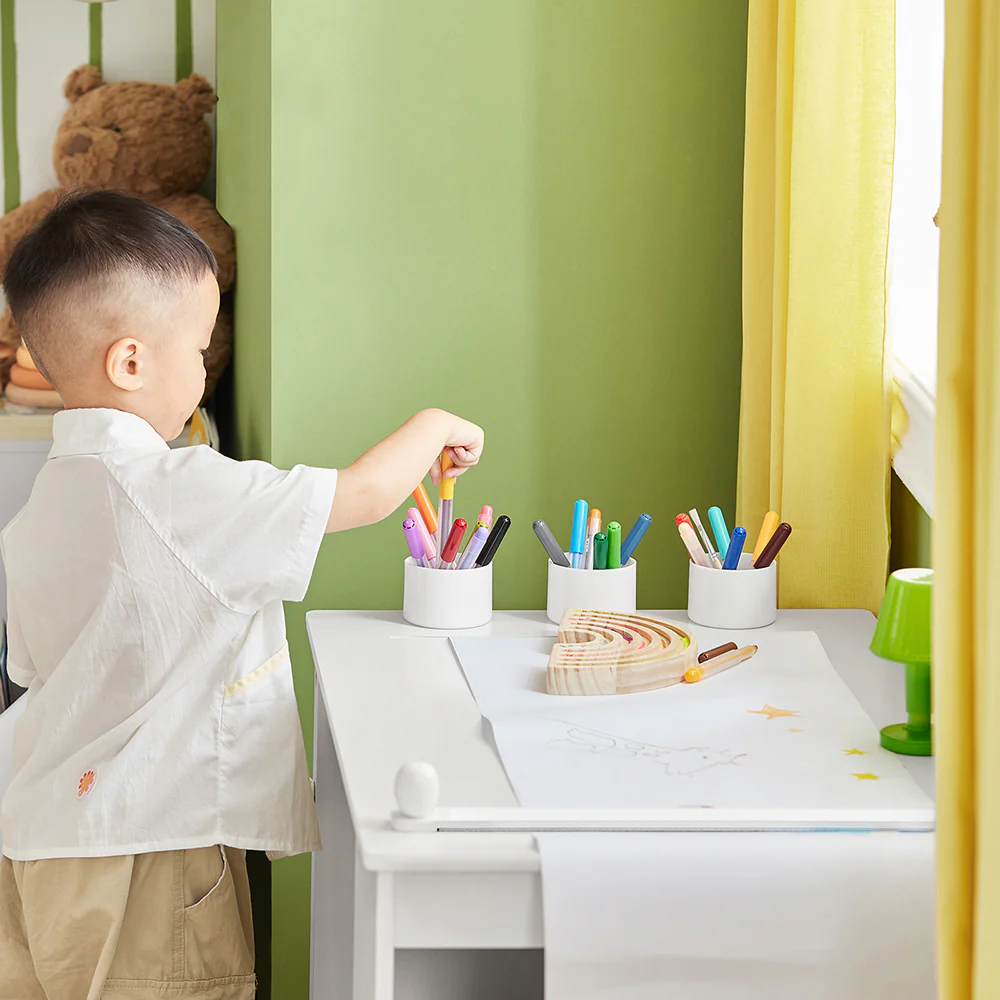 SoBuy KMB60-W Kinderbureau met Stoel – 2-delige Set, Bureau met 2 Open Planken, Rollenhouder en Pennenhouders in Wit (80x54x65 cm) - Image 13
