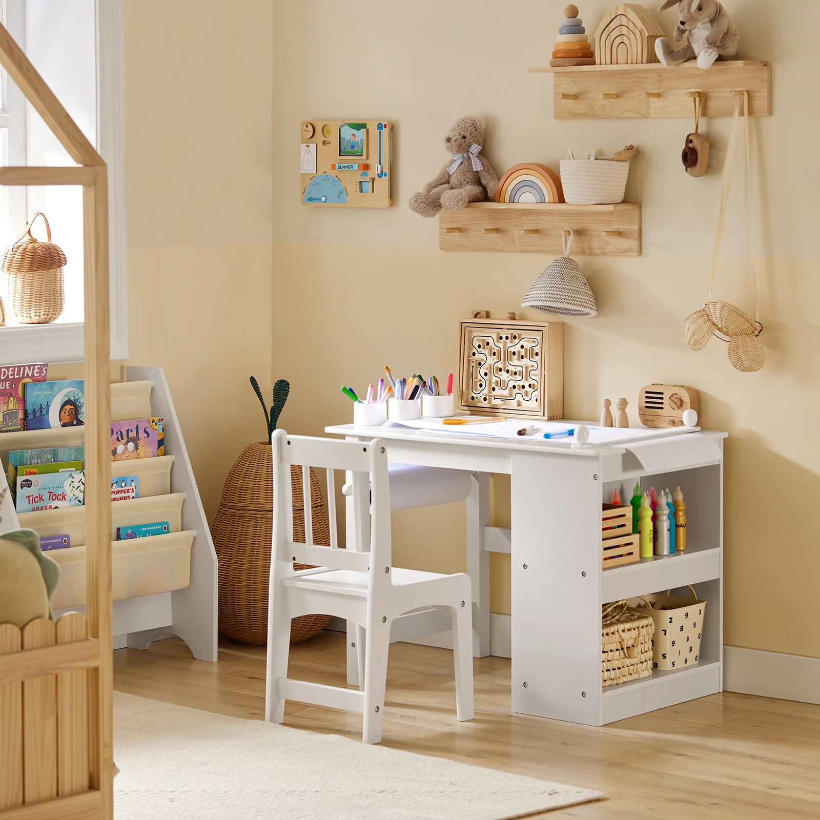 SoBuy KMB60-W Kinderbureau met Stoel – 2-delige Set, Bureau met 2 Open Planken, Rollenhouder en Pennenhouders in Wit (80x54x65 cm) - Image 3