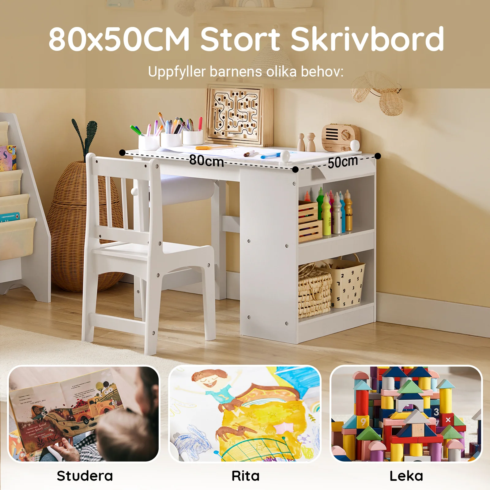 SoBuy KMB60-W Kinderbureau met Stoel – 2-delige Set, Bureau met 2 Open Planken, Rollenhouder en Pennenhouders in Wit (80x54x65 cm) - Image 6