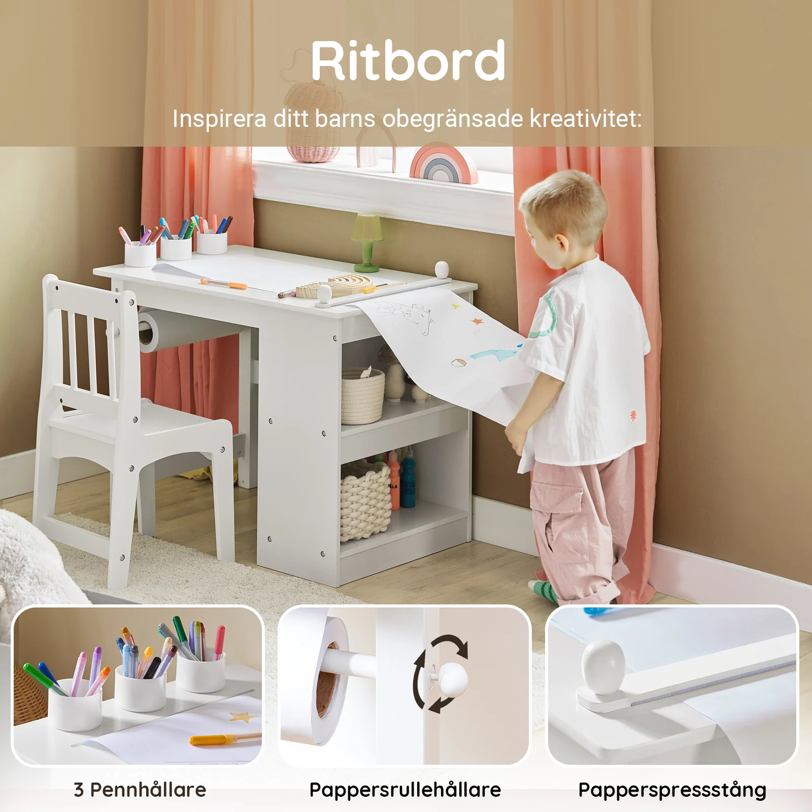 SoBuy KMB60-W Kinderbureau met Stoel – 2-delige Set, Bureau met 2 Open Planken, Rollenhouder en Pennenhouders in Wit (80x54x65 cm) - Image 7