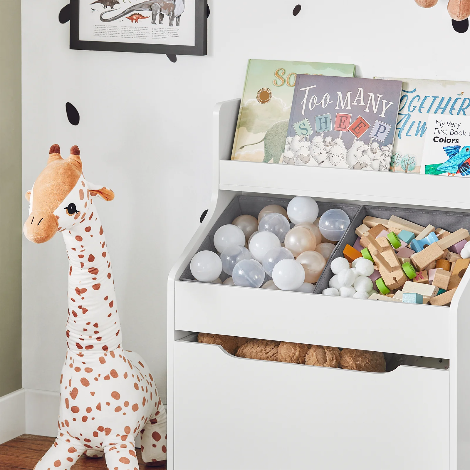 SoBuy KMB71-W Boekenrek voor Kinderen met 2 Manden en 1 Verrijdbaar Compartiment, Boekenkast Kinderen, Boekenplank - Image 10