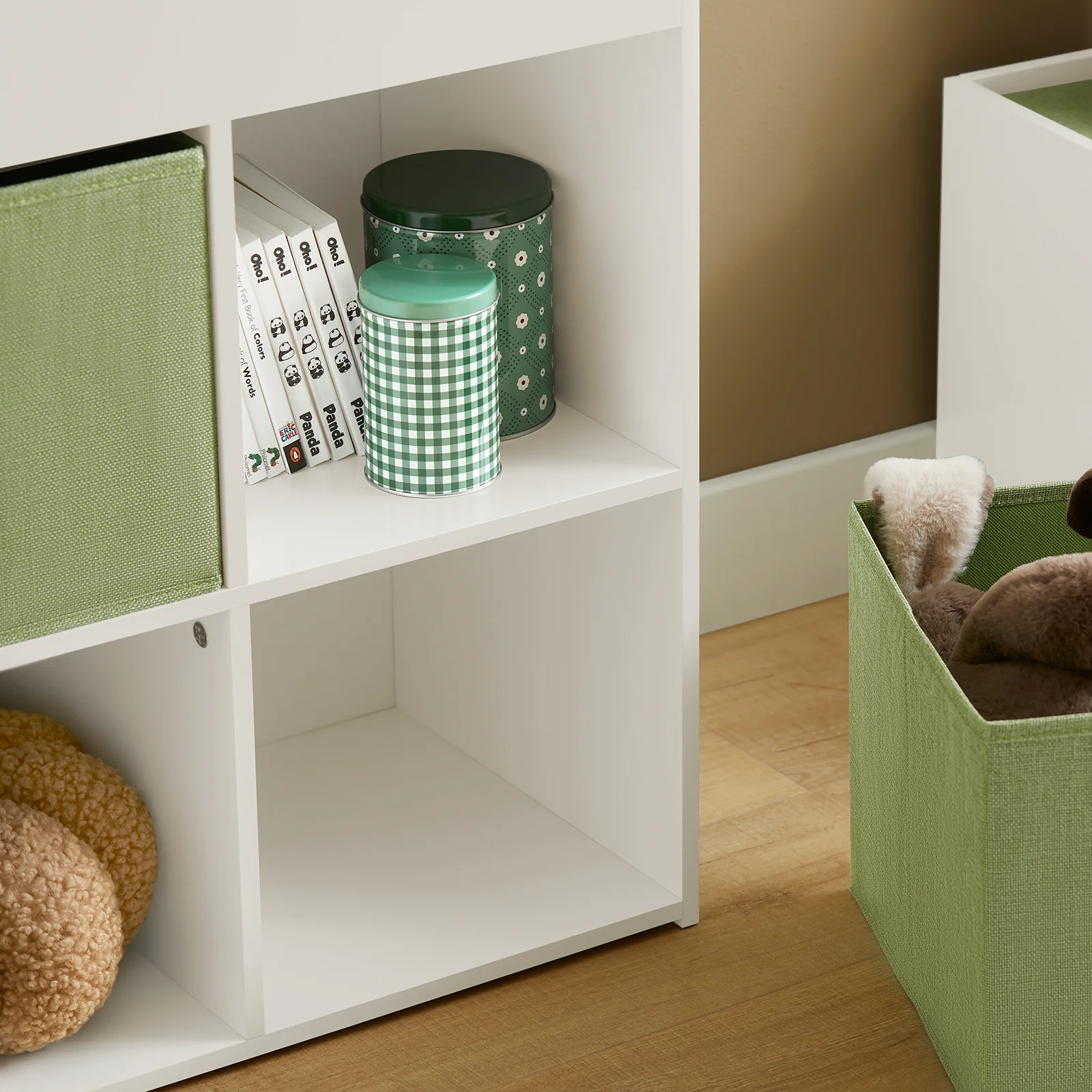 SoBuy KMB79-W Kinderbibliotheek, Speelgoed- en Boekenrek, Opbergmeubel met 3 Planken, 4 Vakjes en 2 Opbergdozen, 60x34x80 cm - Image 6