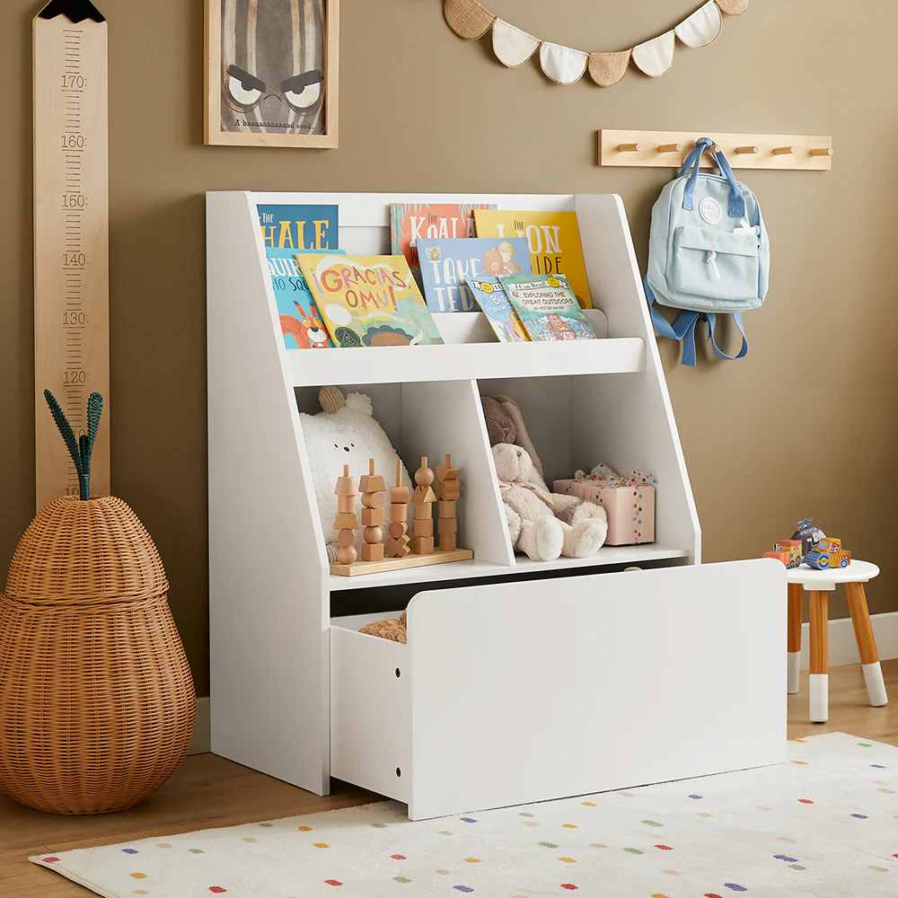 SoBuy KMB83-W Kinderboekenkast met 3 Planken, 2 Open Vakken en 1 Lade op Wielen, Boekenkast voor Kinderen, Boekenplank, Boekenrek, Speelgoedplank - Image 3