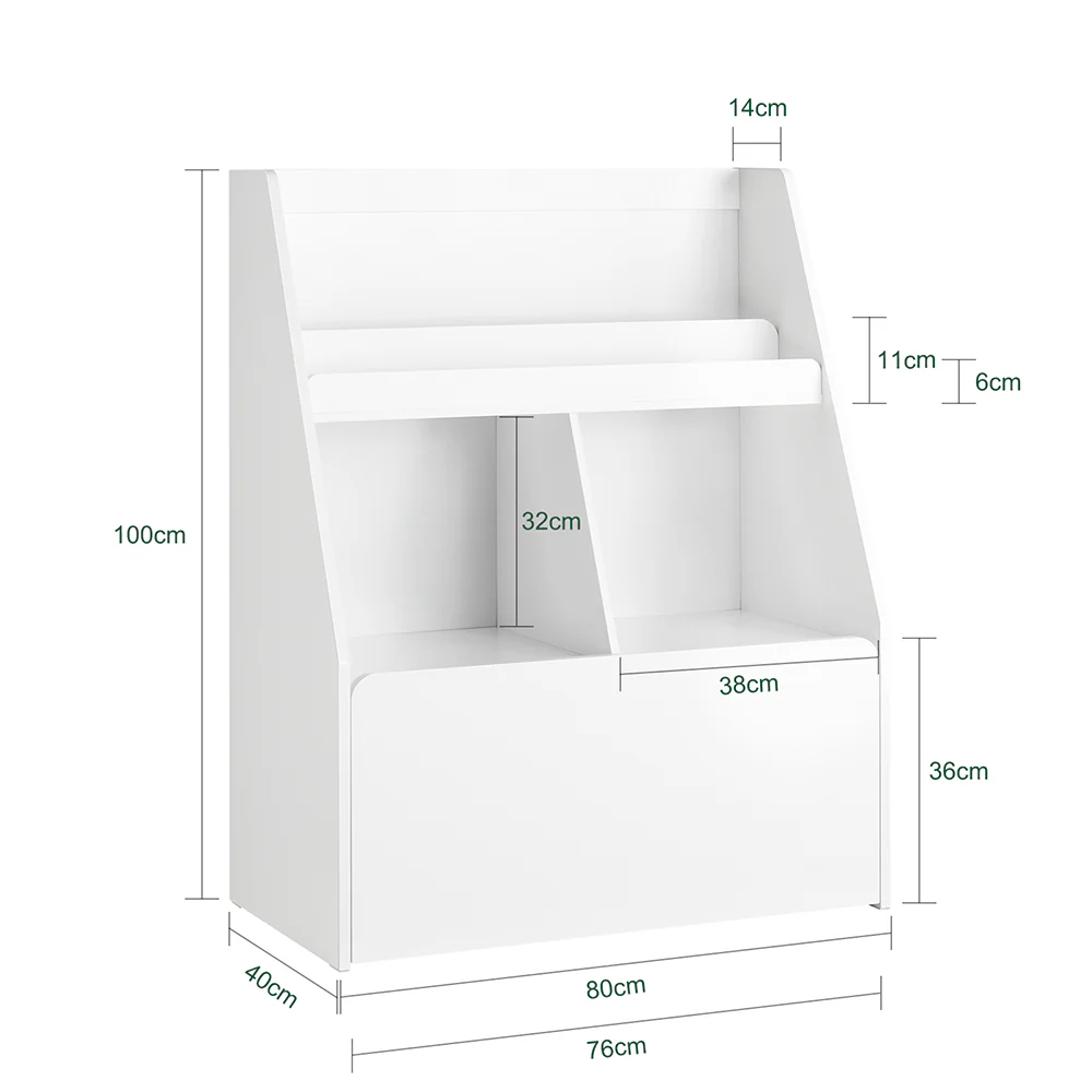 SoBuy KMB83-W Kinderboekenkast met 3 Planken, 2 Open Vakken en 1 Lade op Wielen, Boekenkast voor Kinderen, Boekenplank, Boekenrek, Speelgoedplank - Image 4