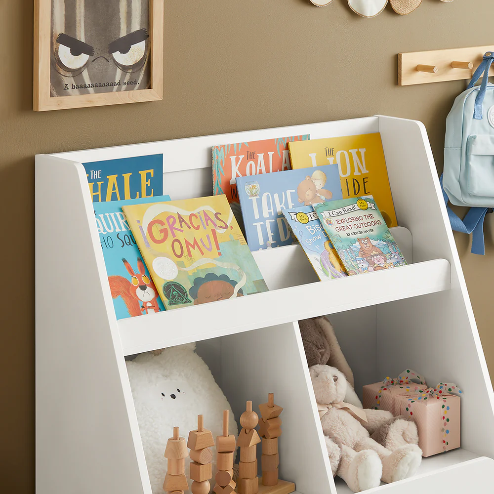 SoBuy KMB83-W Kinderboekenkast met 3 Planken, 2 Open Vakken en 1 Lade op Wielen, Boekenkast voor Kinderen, Boekenplank, Boekenrek, Speelgoedplank - Image 5