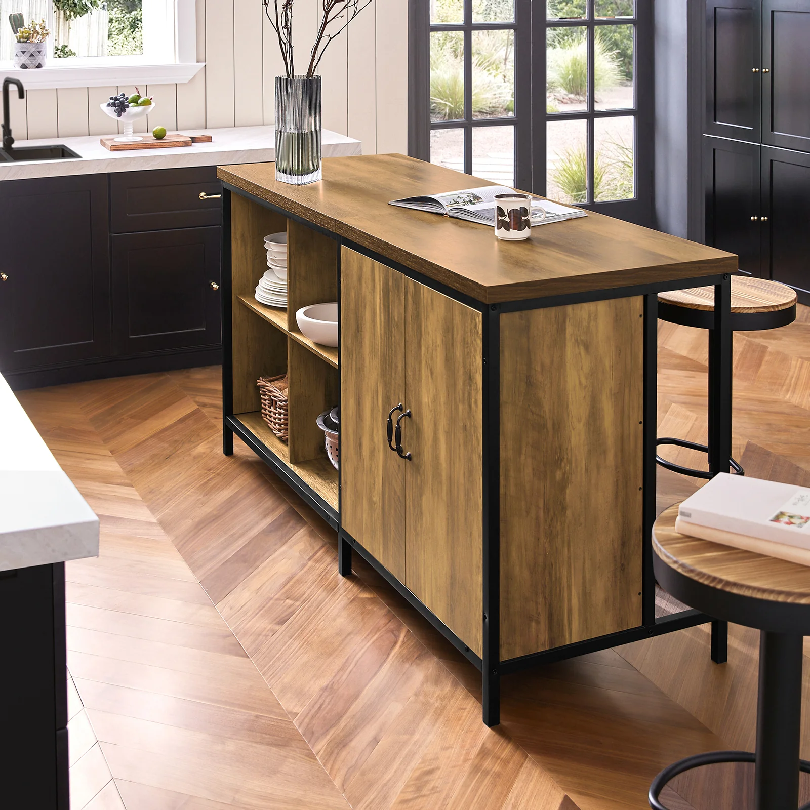 SoBuy KNL01-F Keukeneiland, Multifunctioneel Opslagmeubel, Buffet met Werkblad van 170 cm, Keukenkast, Bar Meubel voor de Woonkamer, Vintage Bruin, 170 x 60 x 89 cm - Image 3