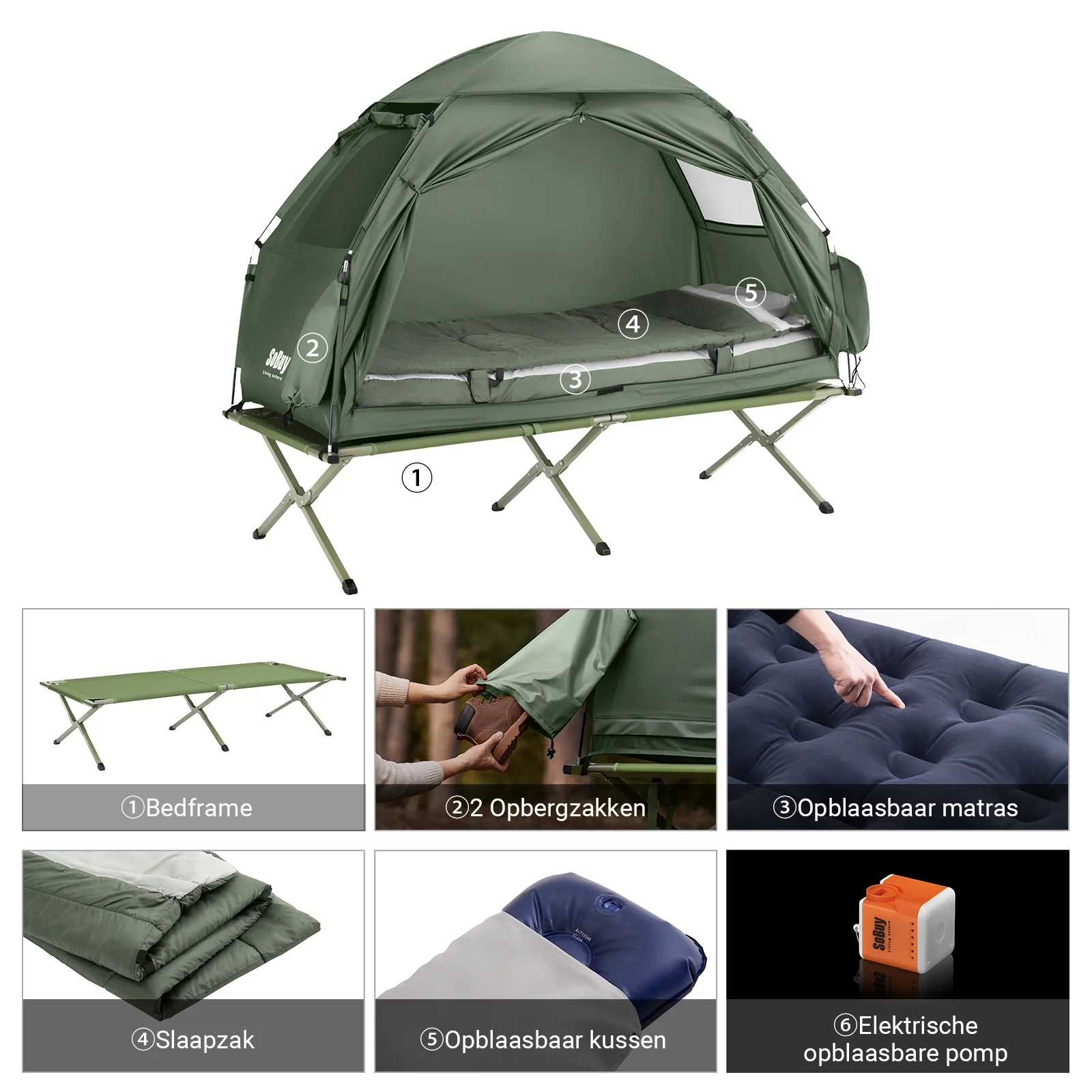 SoBuy OGS32-GR 4-in-1 Camping Tent met Opvouwbaar Bed, Waterdicht, Slaapzak en Matras, Lichtgewicht, voor 2 Persoon, Festival, Buitenleven, Hike en Bos - Legergroen - Image 15