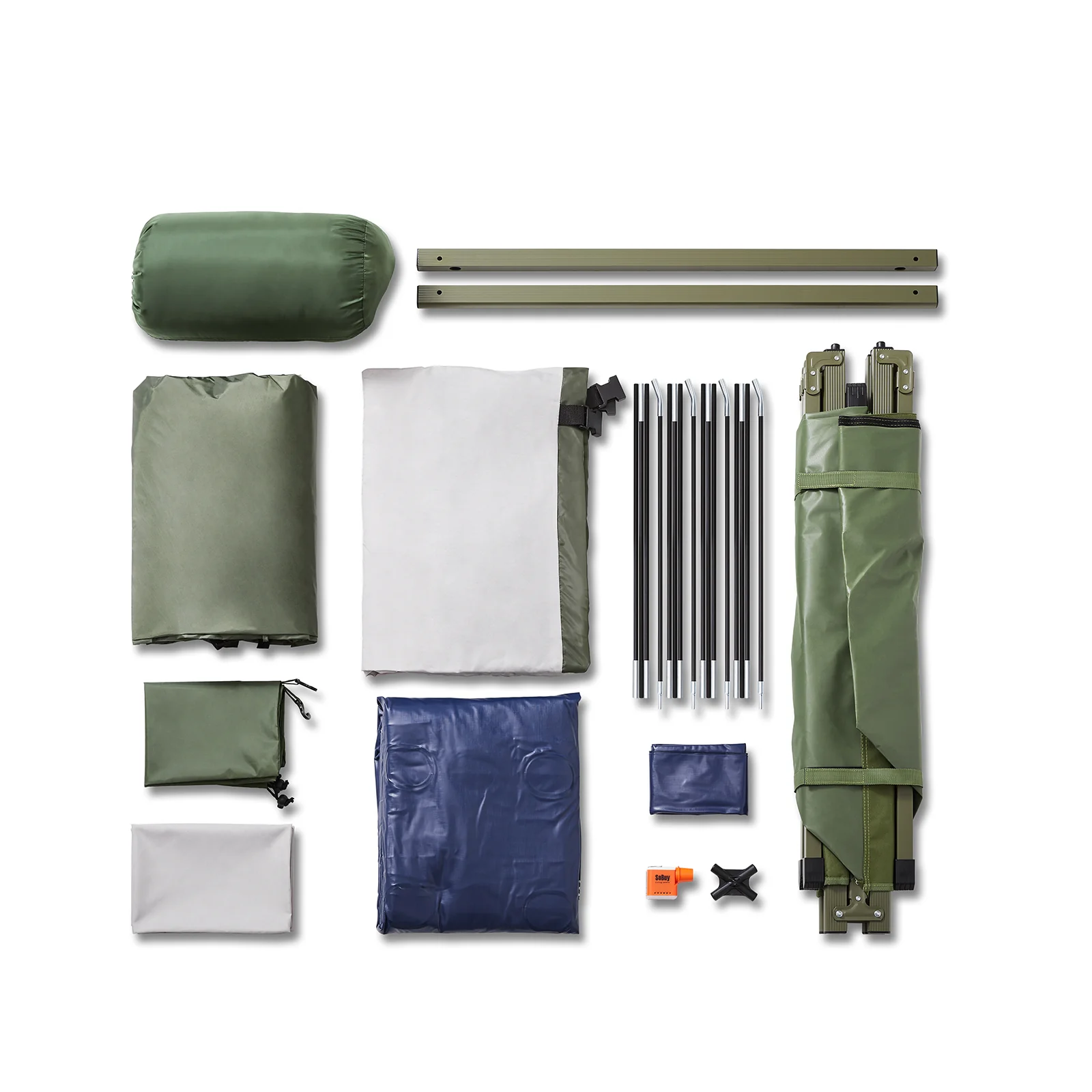 SoBuy OGS32-GR 4-in-1 Camping Tent met Opvouwbaar Bed, Waterdicht, Slaapzak en Matras, Lichtgewicht, voor 2 Persoon, Festival, Buitenleven, Hike en Bos - Legergroen - Image 16