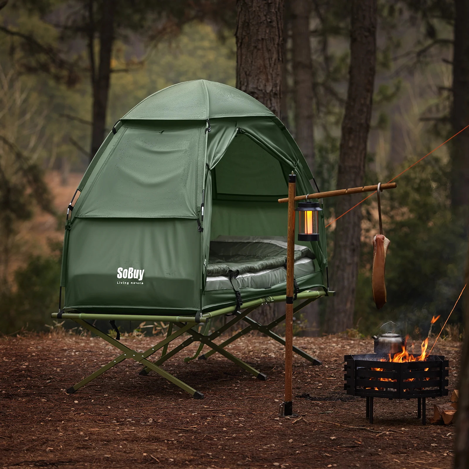 SoBuy OGS32-GR 4-in-1 Camping Tent met Opvouwbaar Bed, Waterdicht, Slaapzak en Matras, Lichtgewicht, voor 2 Persoon, Festival, Buitenleven, Hike en Bos - Legergroen - Image 3