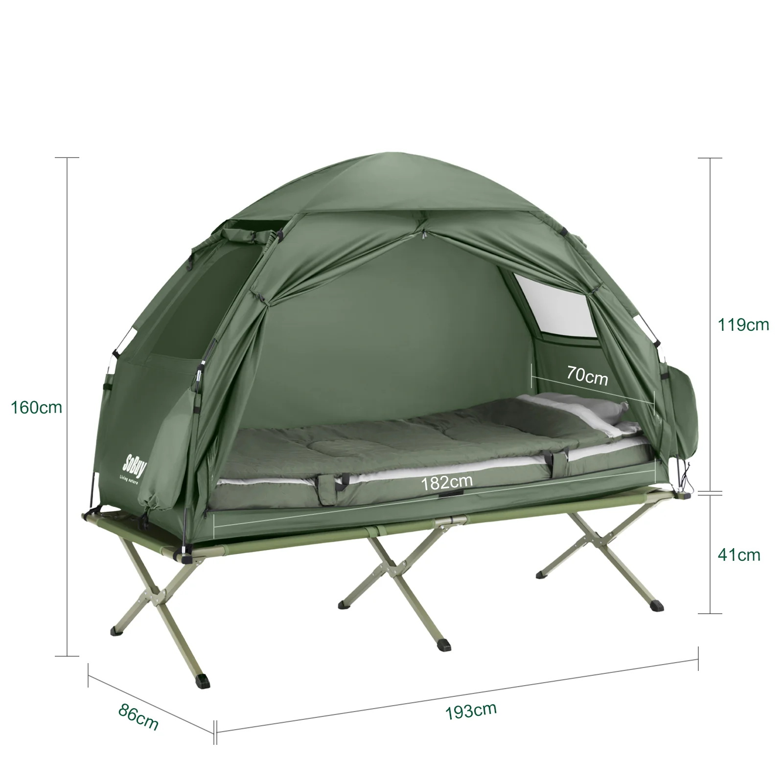 SoBuy OGS32-GR 4-in-1 Camping Tent met Opvouwbaar Bed, Waterdicht, Slaapzak en Matras, Lichtgewicht, voor 2 Persoon, Festival, Buitenleven, Hike en Bos - Legergroen - Image 5