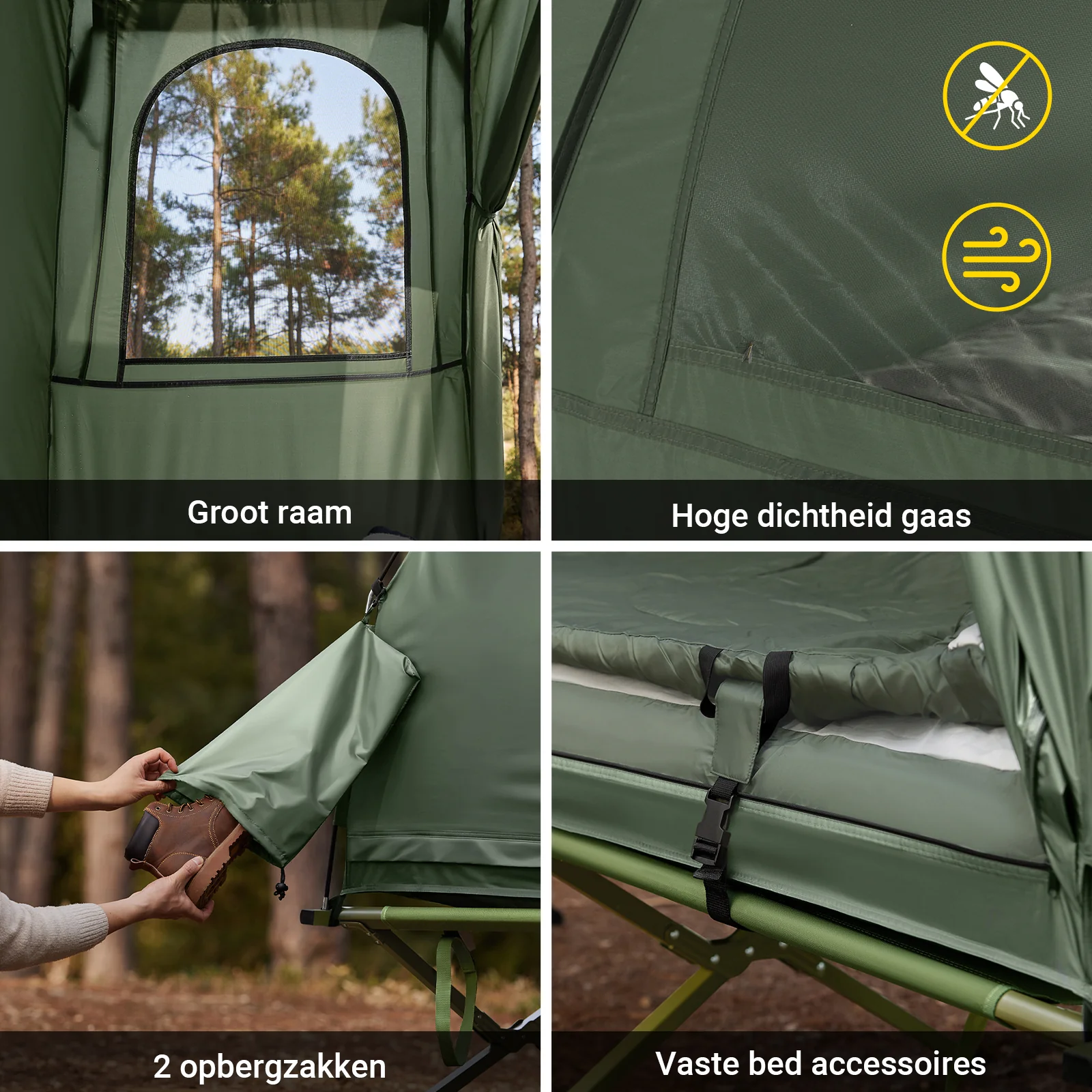 SoBuy OGS32-GR 4-in-1 Camping Tent met Opvouwbaar Bed, Waterdicht, Slaapzak en Matras, Lichtgewicht, voor 2 Persoon, Festival, Buitenleven, Hike en Bos - Legergroen - Image 9