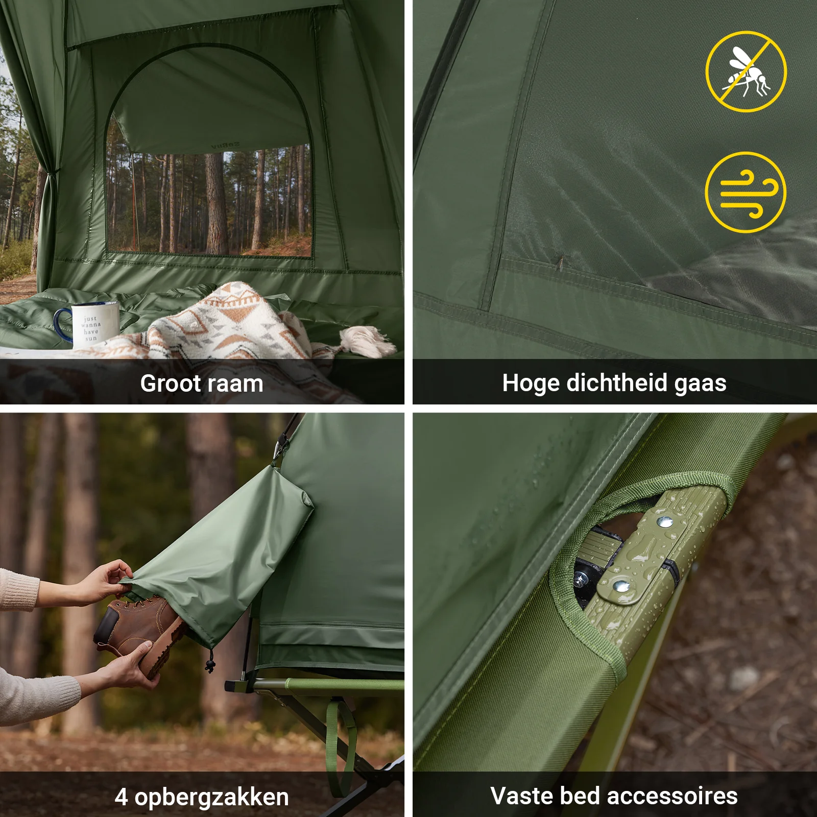 SoBuy OGS32-L-GR | 4-in-1 Tent met opvouwbaar  verhoogd bed, dak, slaapzak, luchtmatras  | Maximale belasting 180 kg | 2 Personen | Groente - Image 10