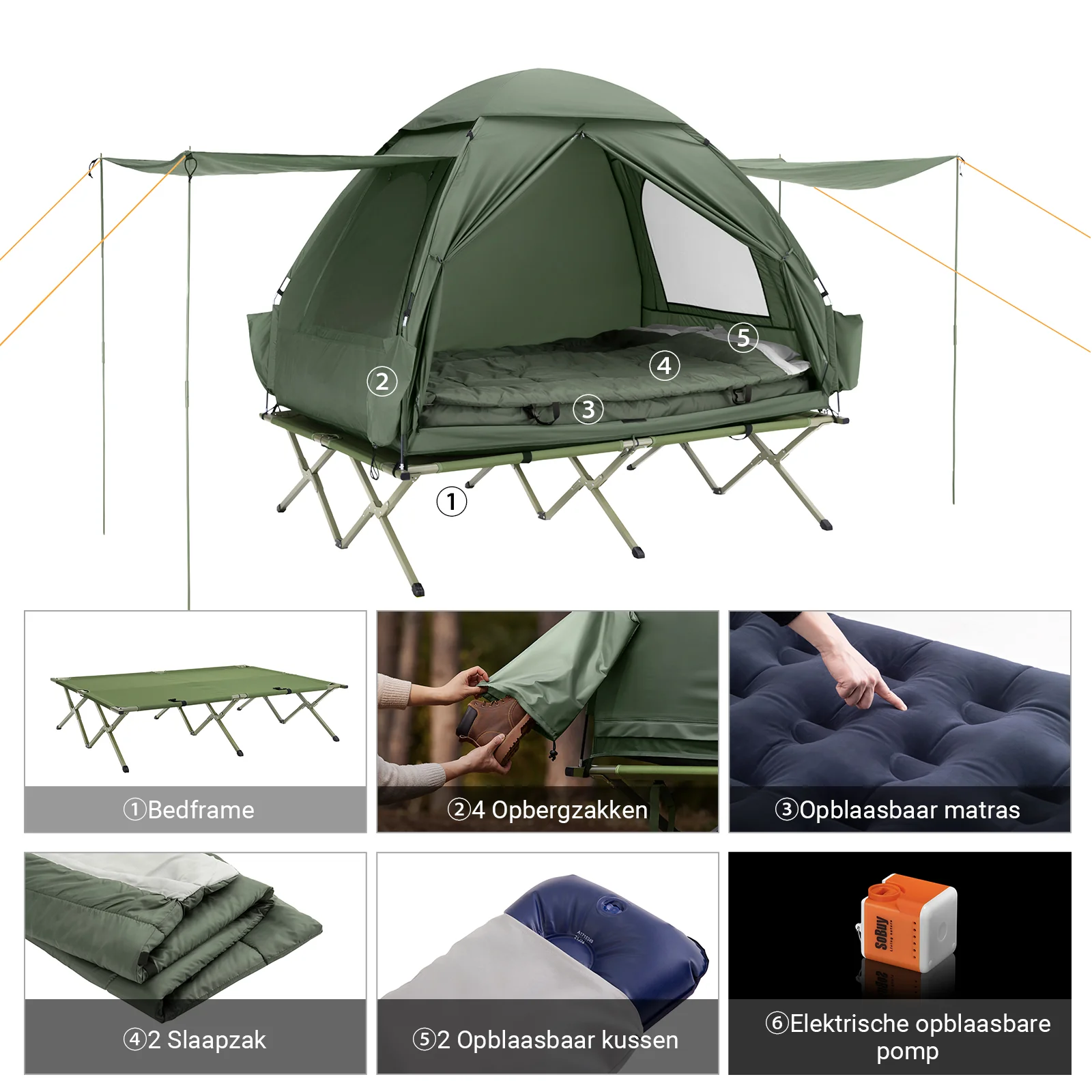 SoBuy OGS32-L-GR | 4-in-1 Tent met opvouwbaar  verhoogd bed, dak, slaapzak, luchtmatras  | Maximale belasting 180 kg | 2 Personen | Groente - Image 7