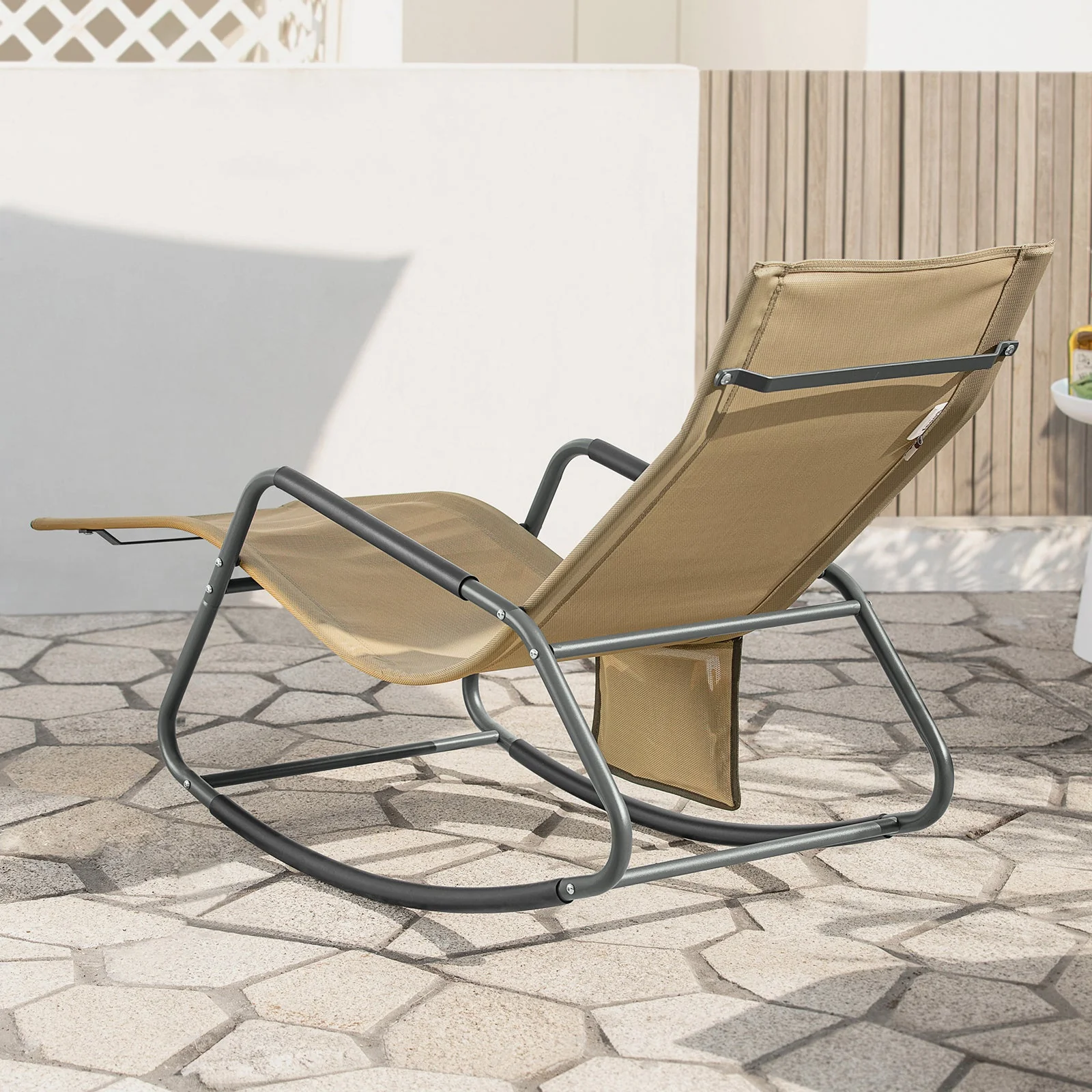 SoBuy OGS47-KA | Ligstoel | Tuinstoel | Swingstoel | Schommelstoel | Ergonomische | met Zijzak | Khaki - Image 3
