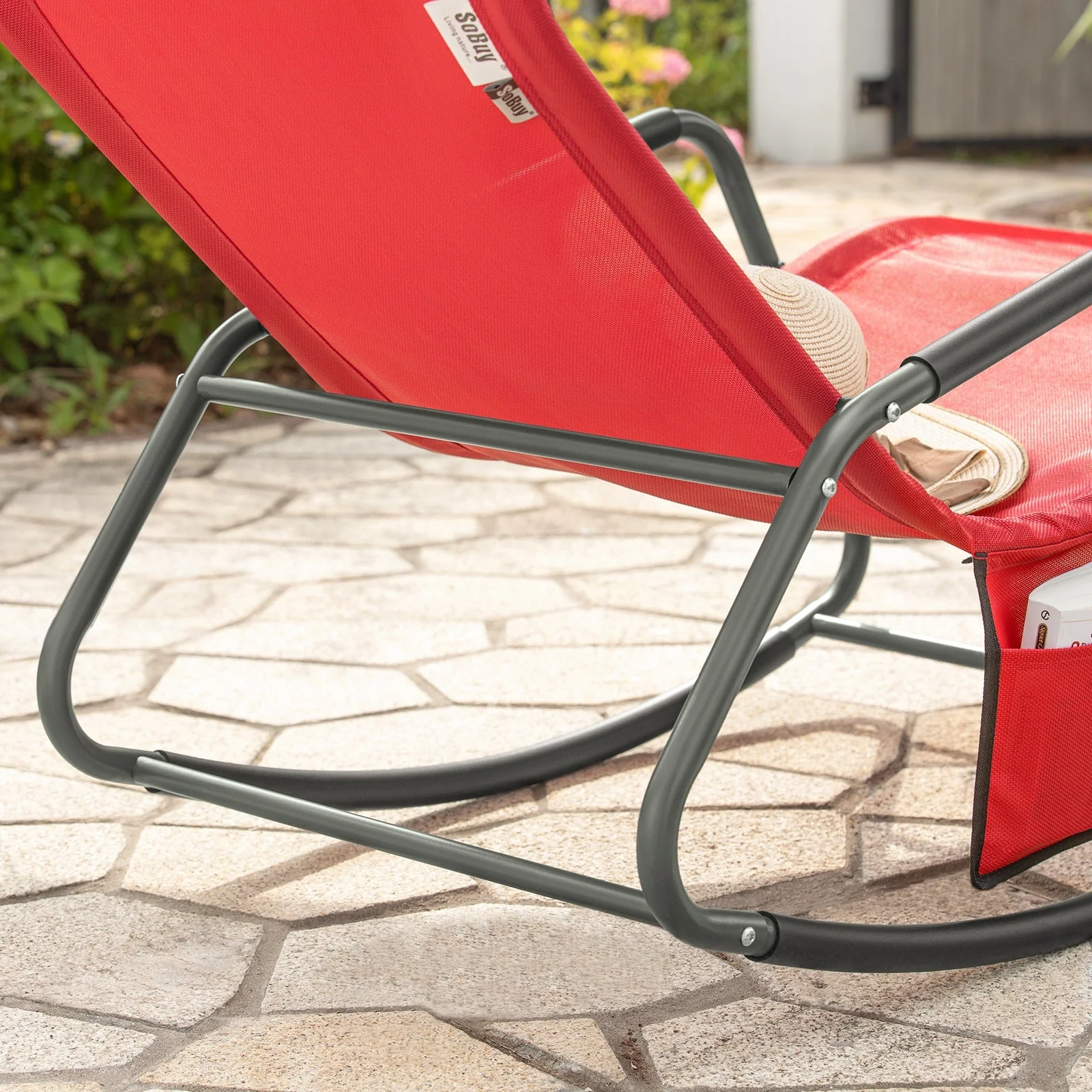 SoBuy OGS47-R | Ligstoel | Tuinstoel | Swingstoel | Schommelstoel | Ergonomische | met Zijzak | Rood - Image 11