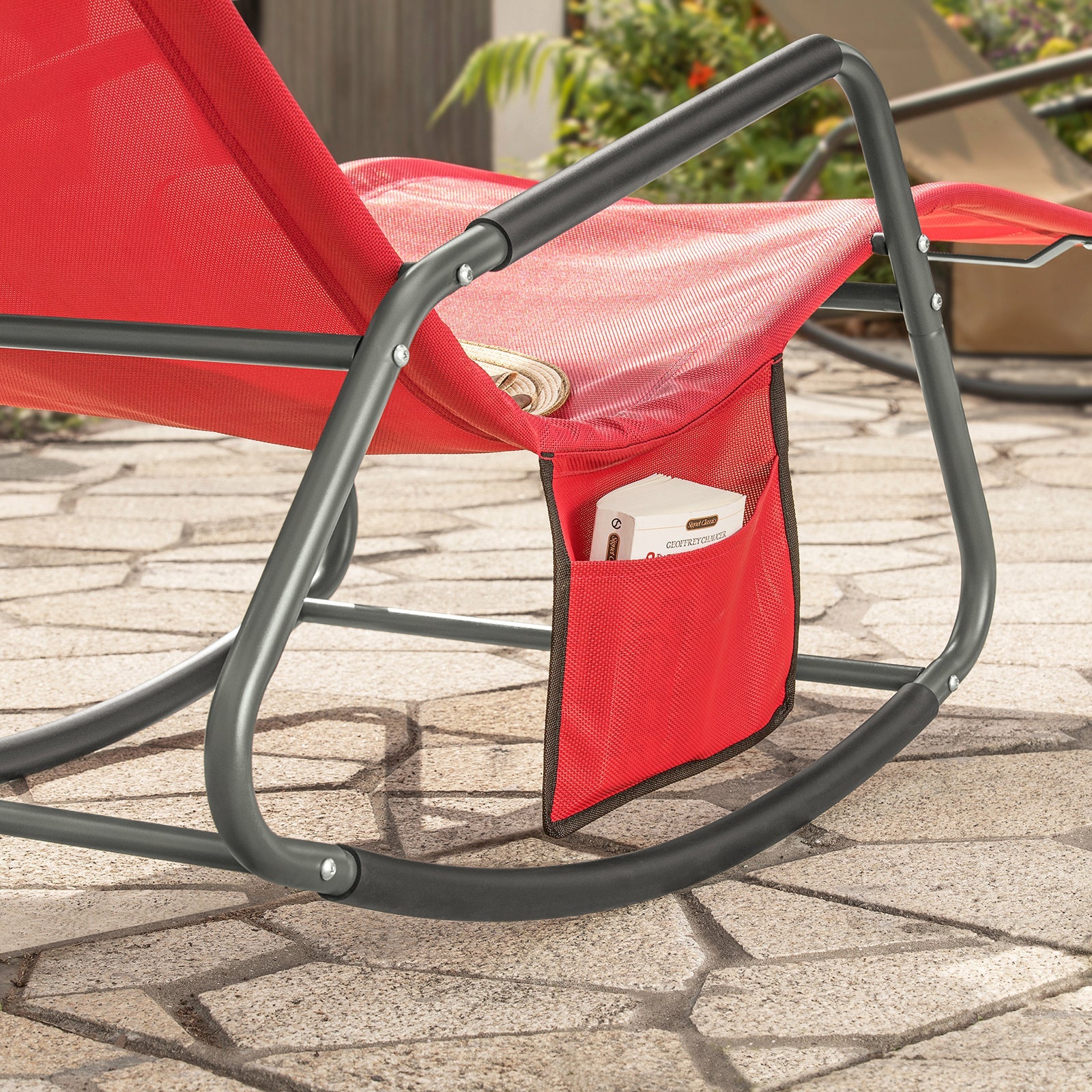SoBuy OGS47-R | Ligstoel | Tuinstoel | Swingstoel | Schommelstoel | Ergonomische | met Zijzak | Rood - Image 5