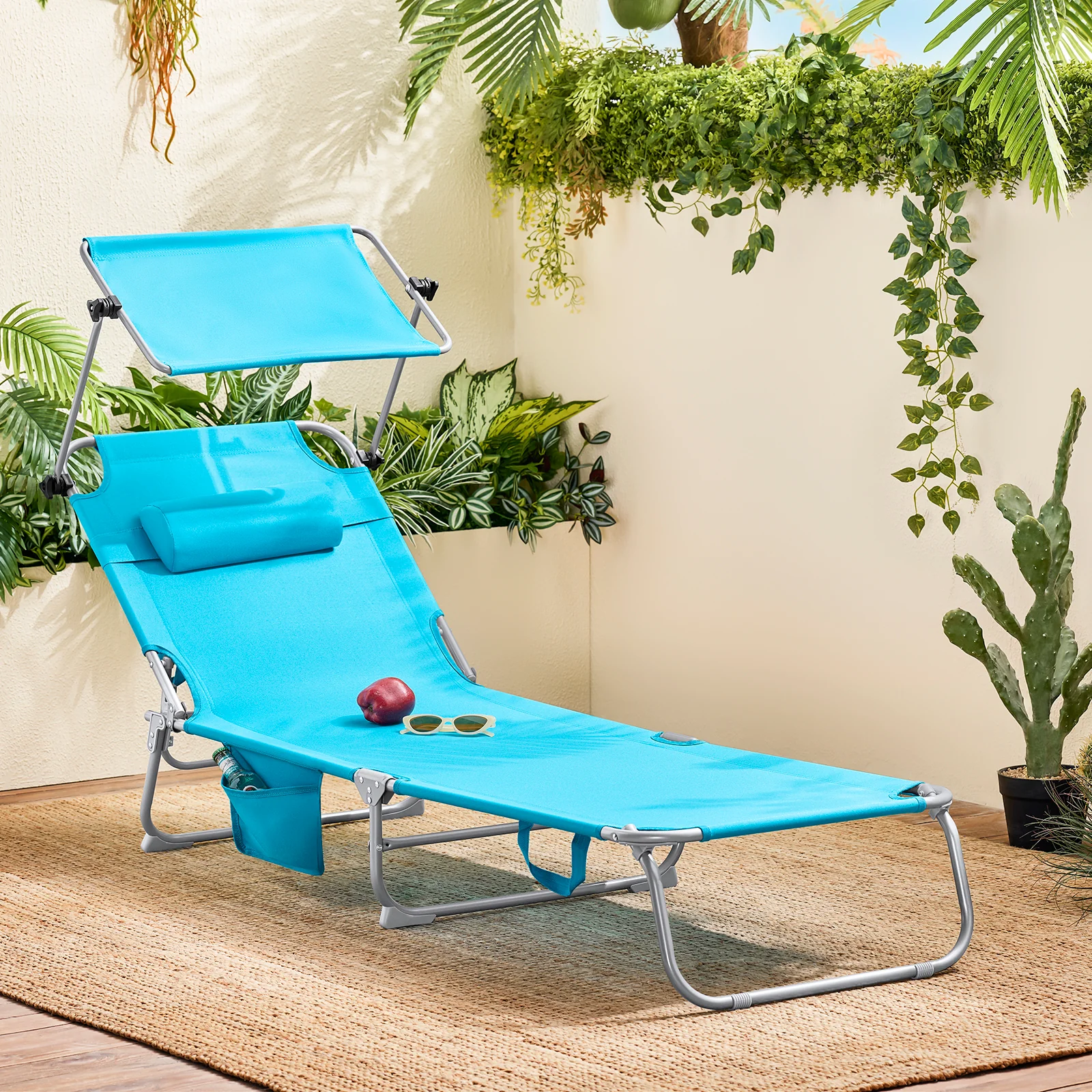 SoBuy Set van 2 Opvouwbare Ligstoelen, Verstelbare Lounge Stoelen met Luifel & 4 Standen - UV-Beschermende Zonnekap, Voor Zwembad, Camping en Buitenleven,Blauw, OGS48-Bx2 - Image 10