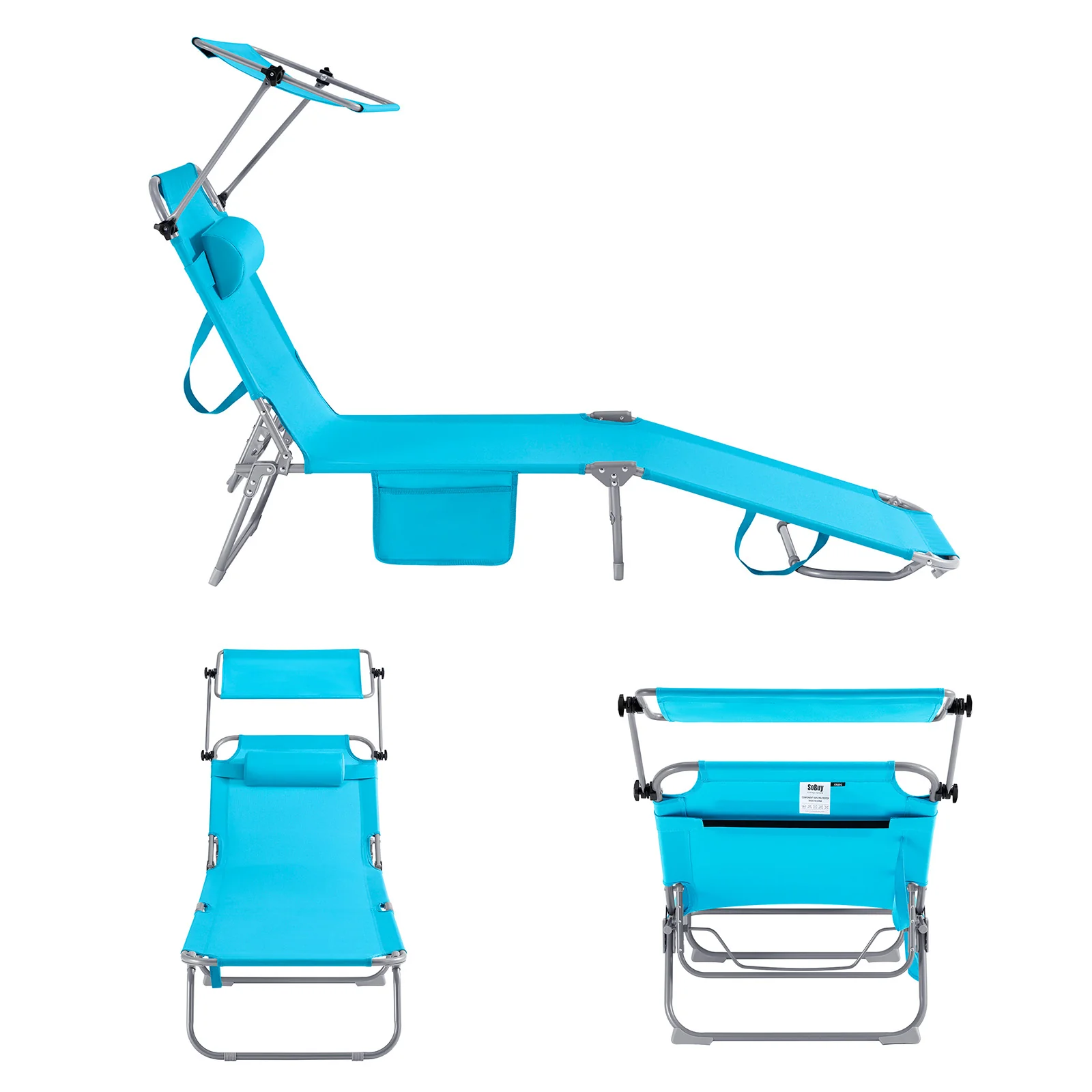 SoBuy Set van 2 Opvouwbare Ligstoelen, Verstelbare Lounge Stoelen met Luifel & 4 Standen - UV-Beschermende Zonnekap, Voor Zwembad, Camping en Buitenleven,Blauw, OGS48-Bx2 - Image 11