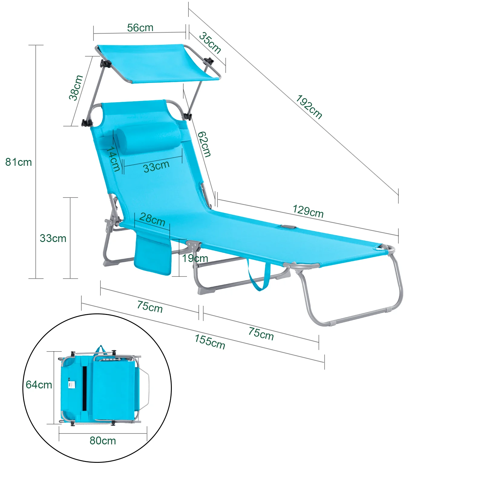 SoBuy Set van 2 Opvouwbare Ligstoelen, Verstelbare Lounge Stoelen met Luifel & 4 Standen - UV-Beschermende Zonnekap, Voor Zwembad, Camping en Buitenleven,Blauw, OGS48-Bx2 - Image 4