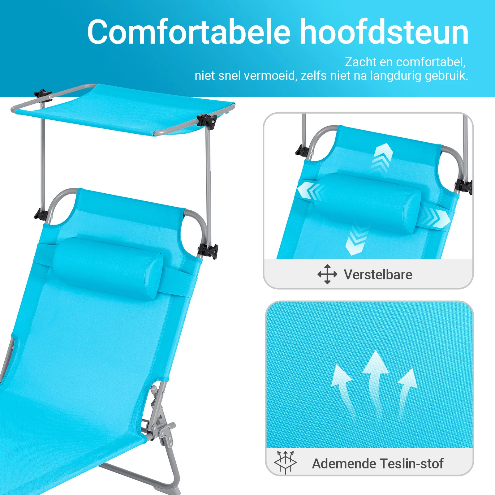 SoBuy Set van 2 Opvouwbare Ligstoelen, Verstelbare Lounge Stoelen met Luifel & 4 Standen - UV-Beschermende Zonnekap, Voor Zwembad, Camping en Buitenleven,Blauw, OGS48-Bx2 - Image 5