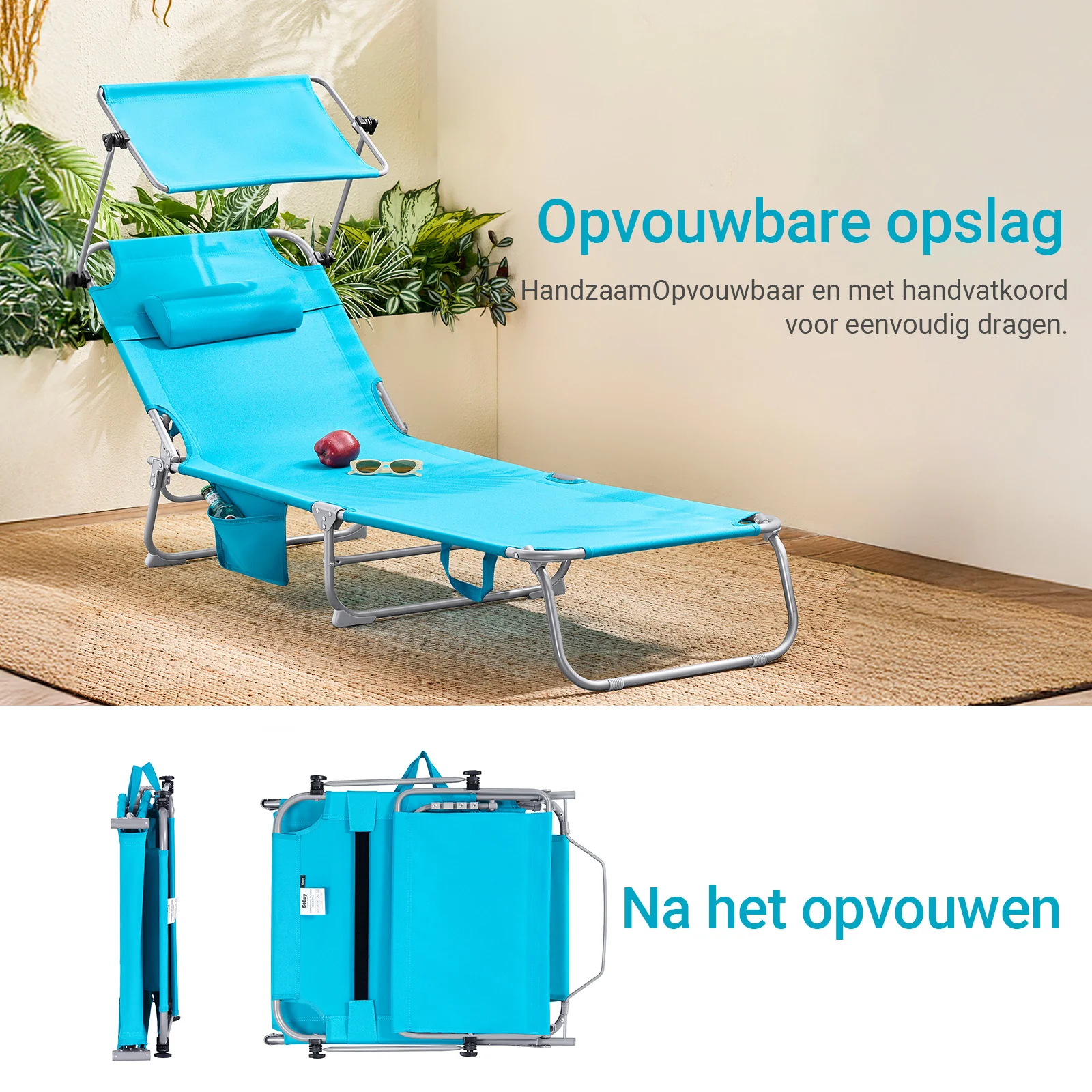 SoBuy Set van 2 Opvouwbare Ligstoelen, Verstelbare Lounge Stoelen met Luifel & 4 Standen - UV-Beschermende Zonnekap, Voor Zwembad, Camping en Buitenleven,Blauw, OGS48-Bx2 - Image 7
