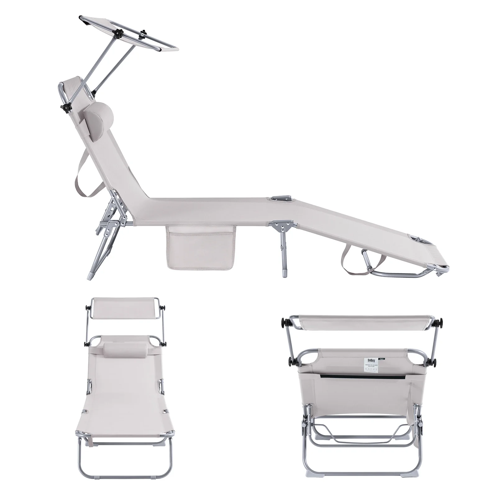 SoBuy OGS48-MIx2 Set van 2 Opvouwbare Ligstoelen, Verstelbare Lounge Stoelen met Luifel & 4 Standen - UV-Beschermende Zonnekap, Voor Zwembad, Camping en Buitenleven, Beige - Image 11