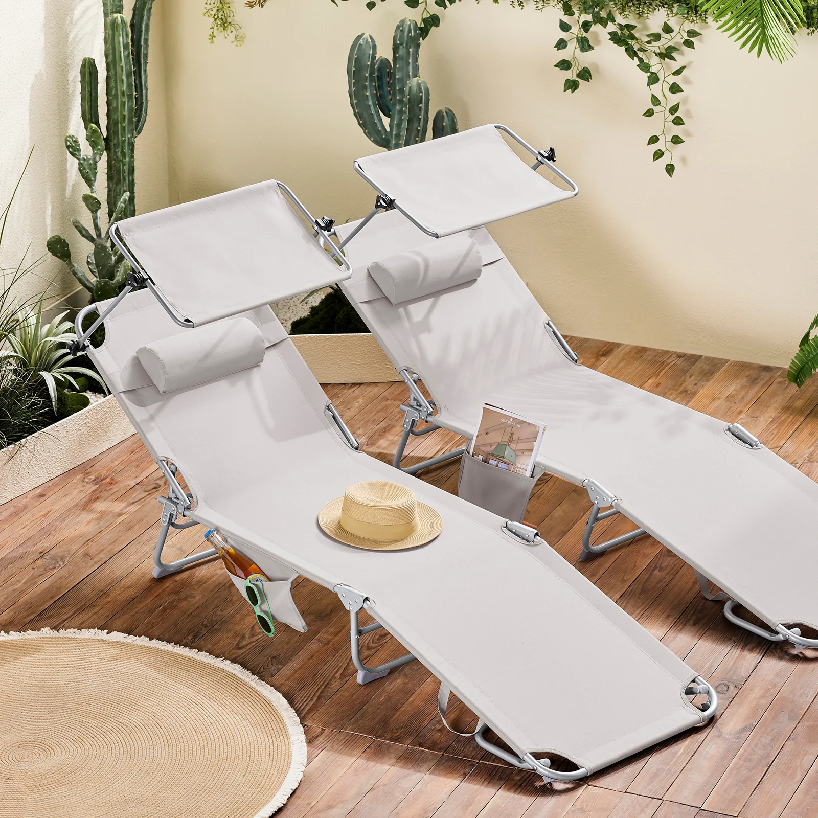 SoBuy OGS48-MIx2 Set van 2 Opvouwbare Ligstoelen, Verstelbare Lounge Stoelen met Luifel & 4 Standen - UV-Beschermende Zonnekap, Voor Zwembad, Camping en Buitenleven, Beige - Image 3
