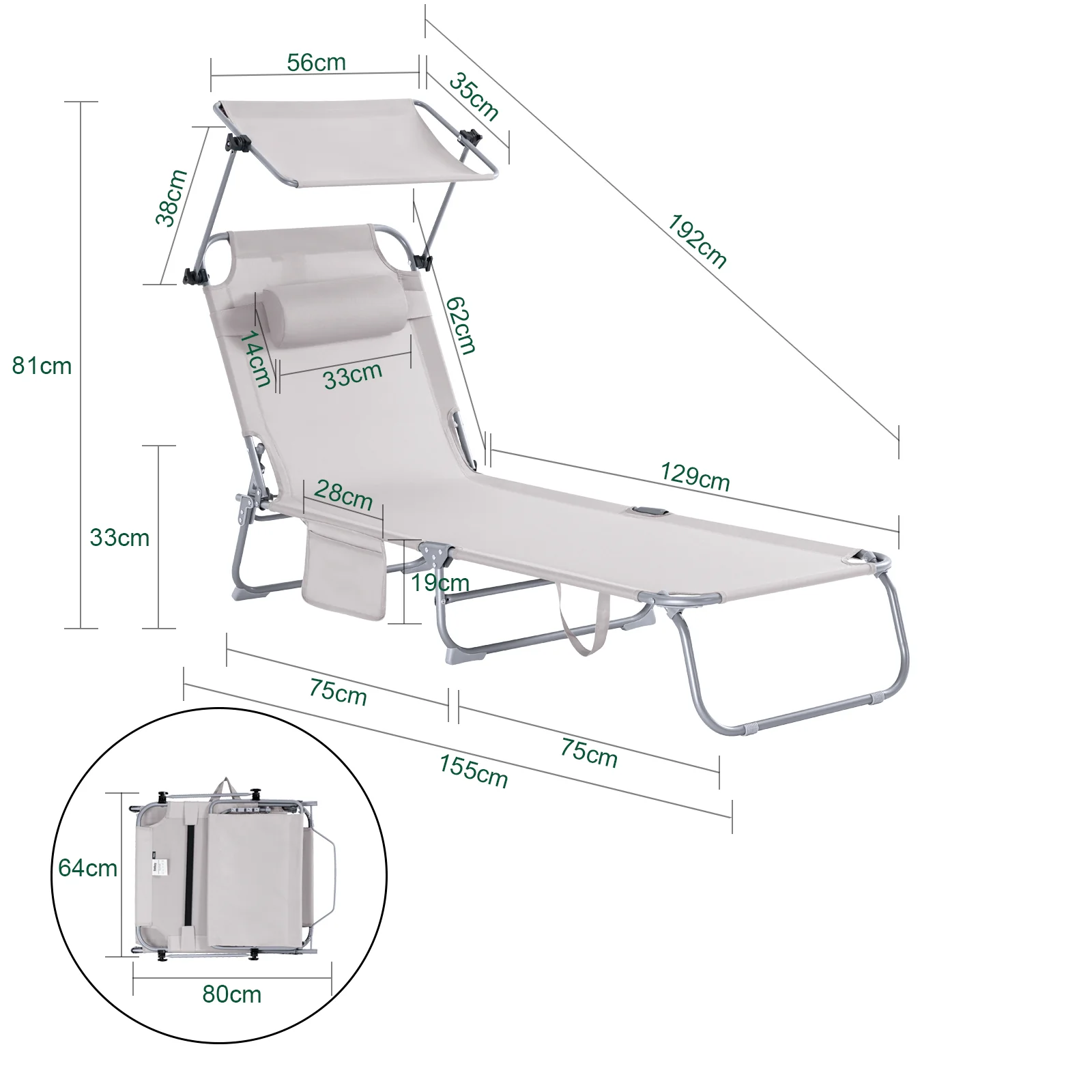 SoBuy OGS48-MIx2 Set van 2 Opvouwbare Ligstoelen, Verstelbare Lounge Stoelen met Luifel & 4 Standen - UV-Beschermende Zonnekap, Voor Zwembad, Camping en Buitenleven, Beige - Image 4