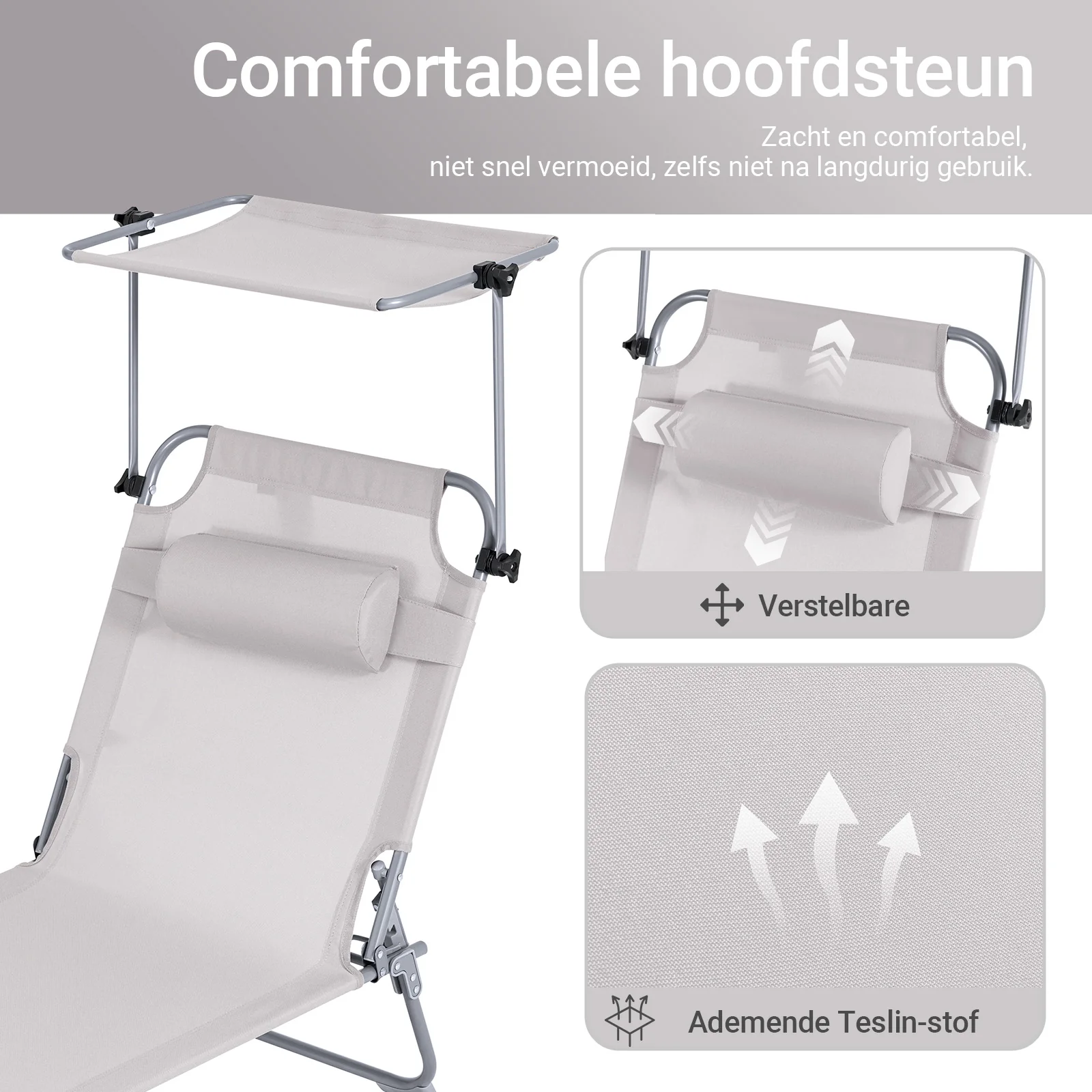 SoBuy OGS48-MIx2 Set van 2 Opvouwbare Ligstoelen, Verstelbare Lounge Stoelen met Luifel & 4 Standen - UV-Beschermende Zonnekap, Voor Zwembad, Camping en Buitenleven, Beige - Image 6