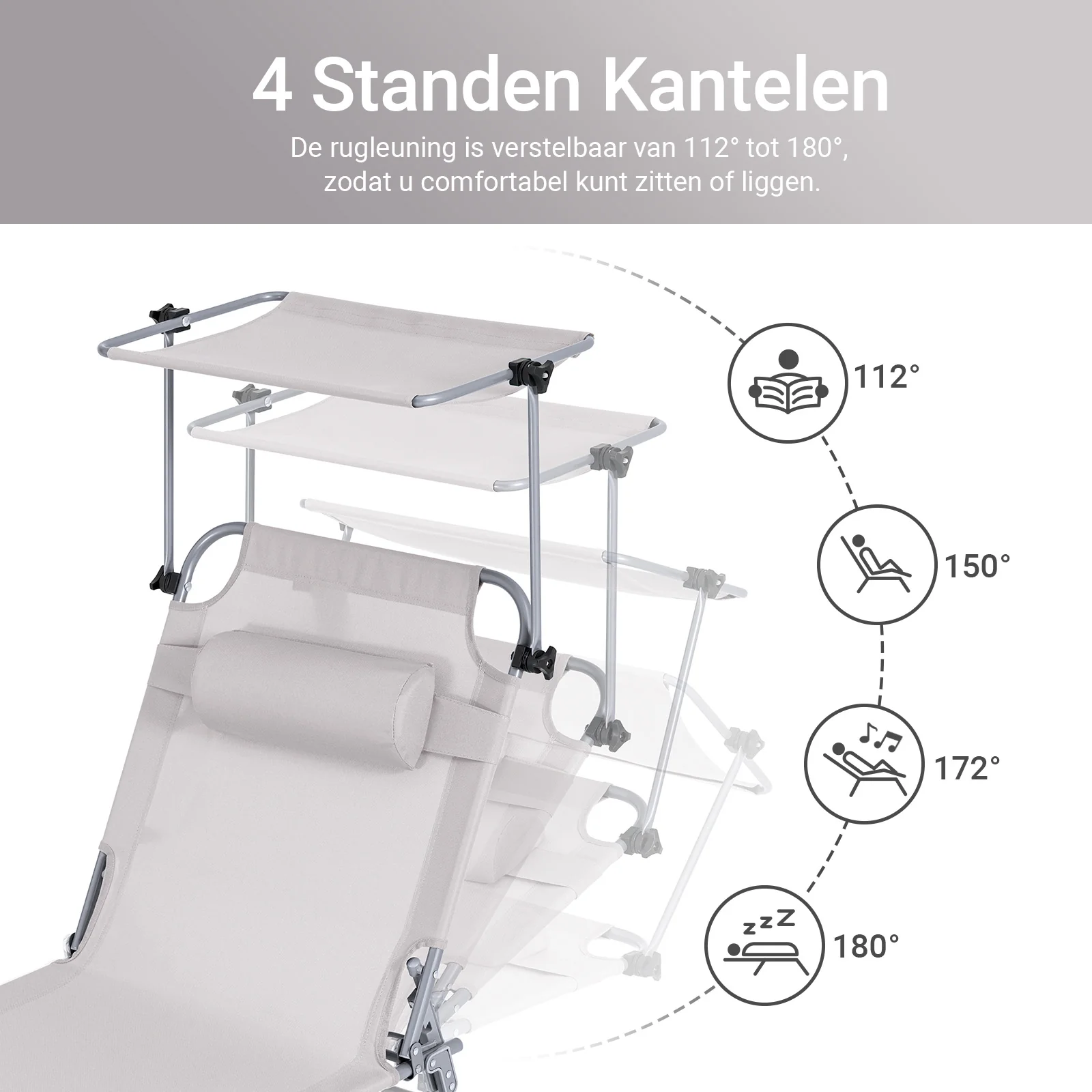 SoBuy OGS48-MIx2 Set van 2 Opvouwbare Ligstoelen, Verstelbare Lounge Stoelen met Luifel & 4 Standen - UV-Beschermende Zonnekap, Voor Zwembad, Camping en Buitenleven, Beige - Image 7