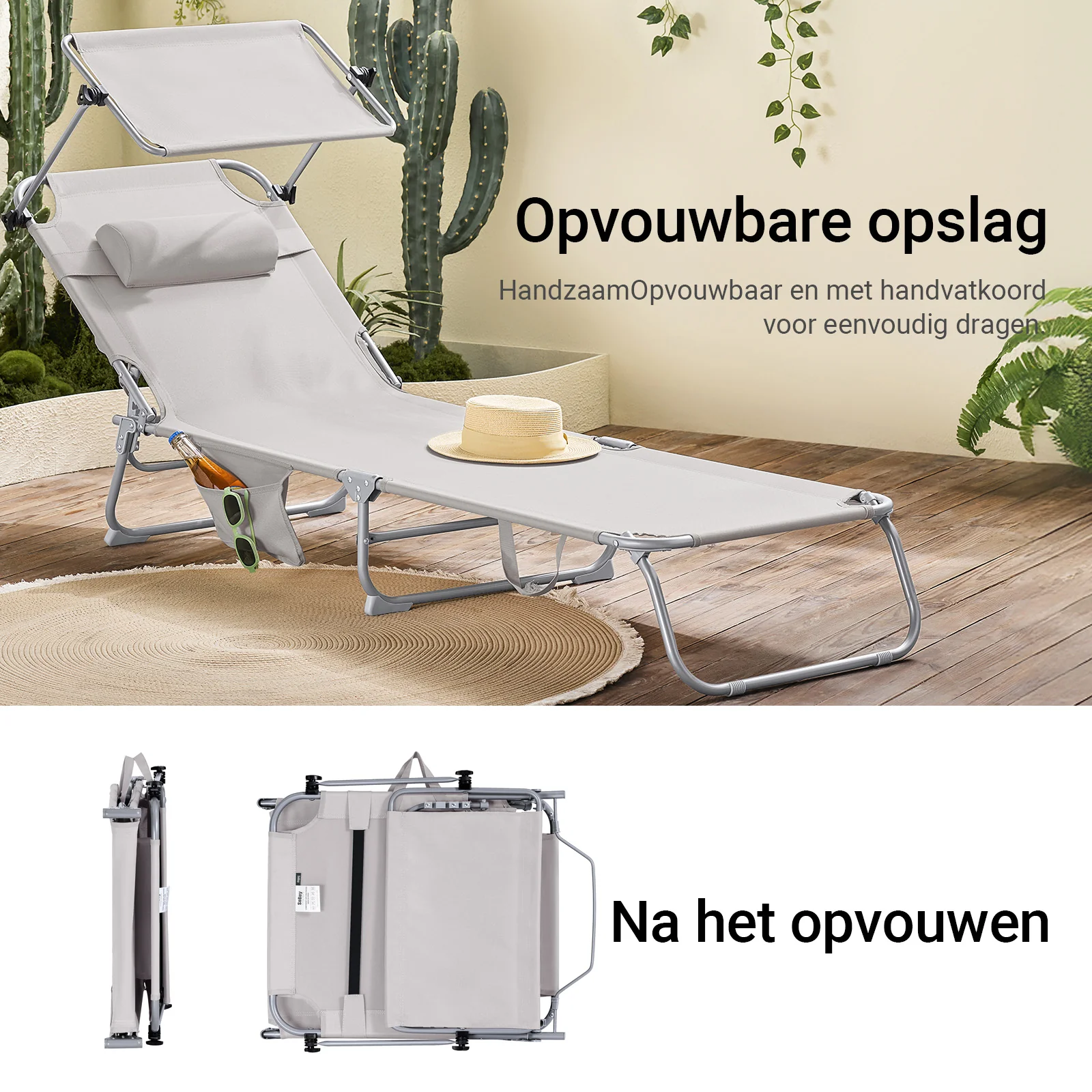 SoBuy OGS48-MIx2 Set van 2 Opvouwbare Ligstoelen, Verstelbare Lounge Stoelen met Luifel & 4 Standen - UV-Beschermende Zonnekap, Voor Zwembad, Camping en Buitenleven, Beige - Image 8