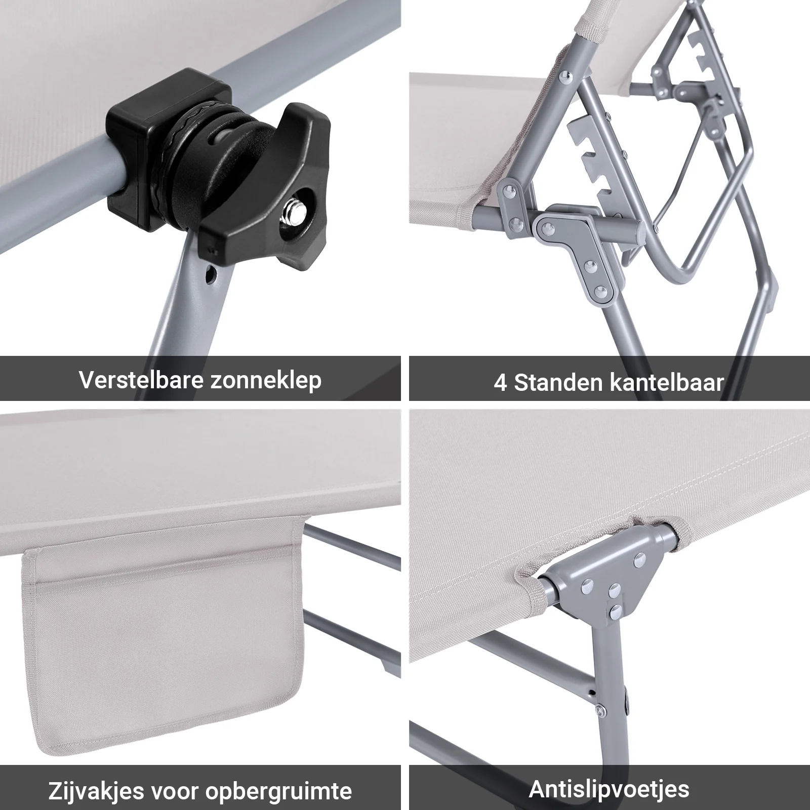 SoBuy OGS48-MIx2 Set van 2 Opvouwbare Ligstoelen, Verstelbare Lounge Stoelen met Luifel & 4 Standen - UV-Beschermende Zonnekap, Voor Zwembad, Camping en Buitenleven, Beige - Image 9