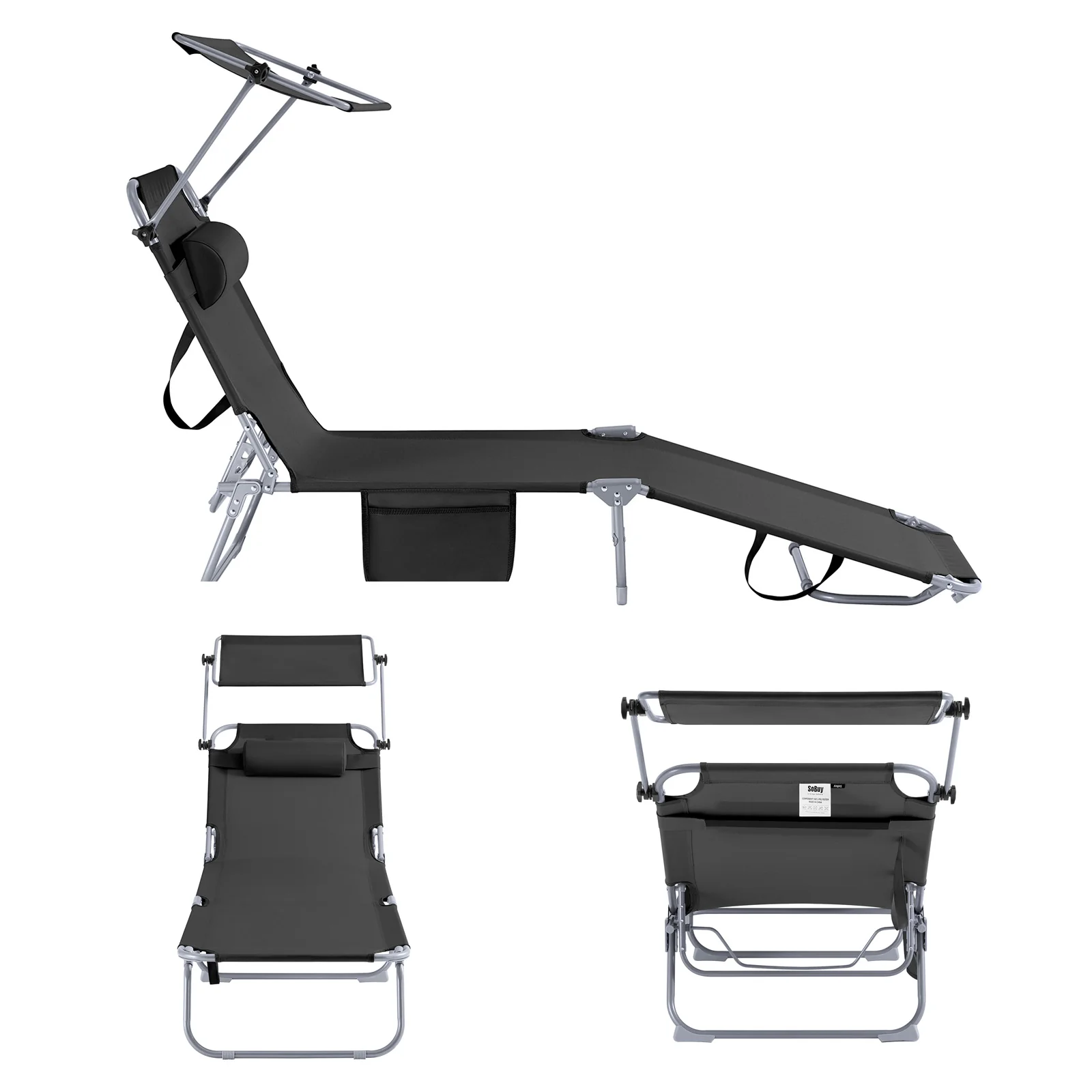 SoBuy Set van 2 Opvouwbare Ligstoelen, Verstelbare Lounge Stoelen met Luifel & 4 Standen - UV-Beschermende Zonnekap, Voor Zwembad, Camping en Buitenleven,Zwart, OGS48-SCHx2 - Image 11