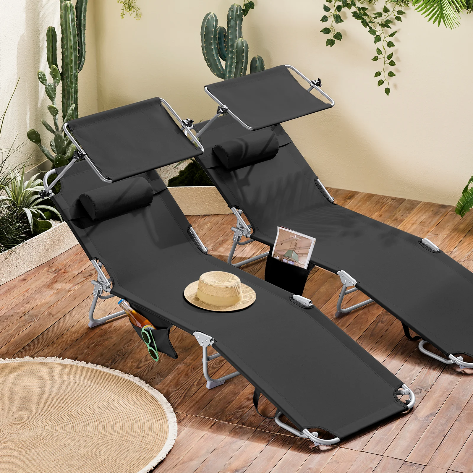 SoBuy Set van 2 Opvouwbare Ligstoelen, Verstelbare Lounge Stoelen met Luifel & 4 Standen - UV-Beschermende Zonnekap, Voor Zwembad, Camping en Buitenleven,Zwart, OGS48-SCHx2 - Image 3