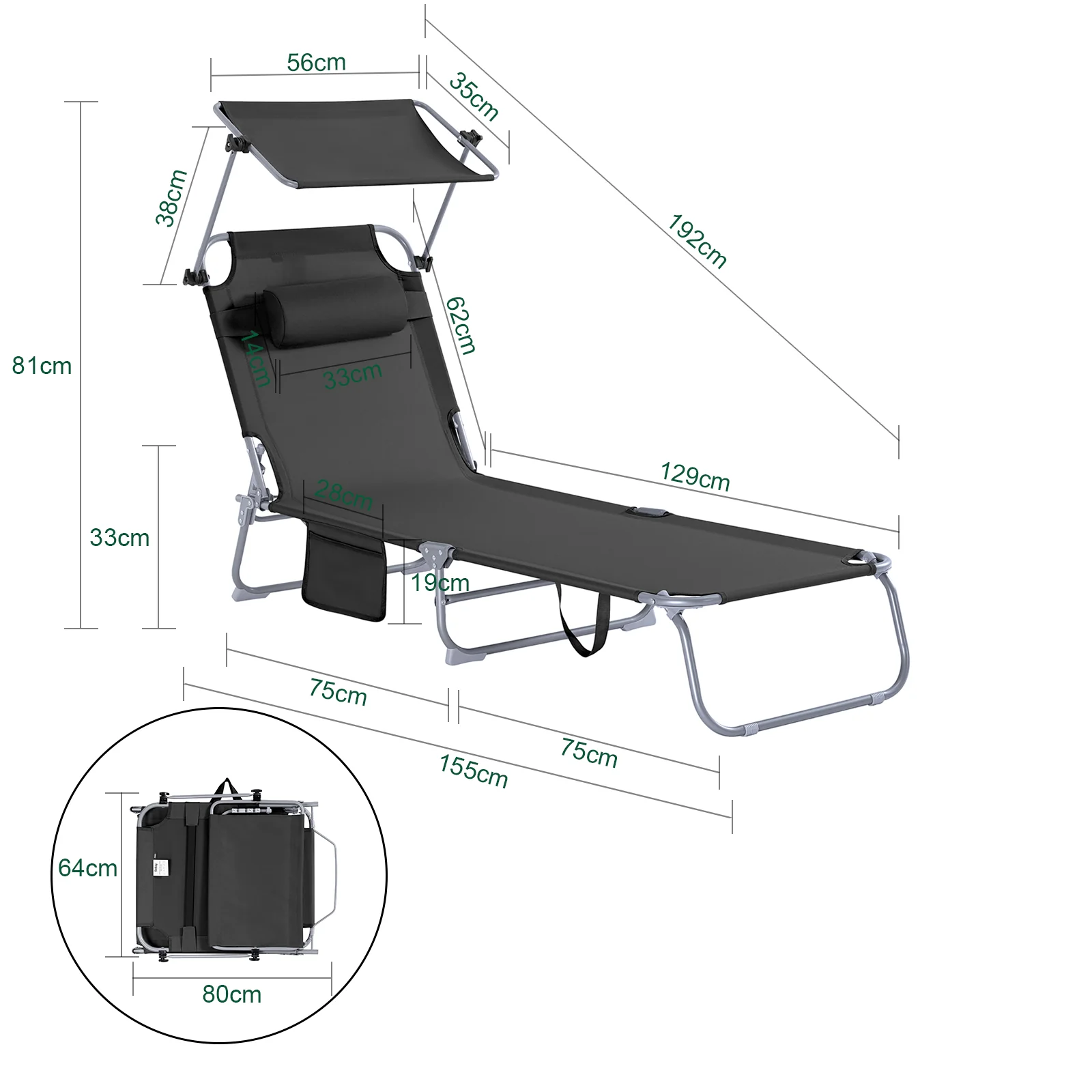 SoBuy Set van 2 Opvouwbare Ligstoelen, Verstelbare Lounge Stoelen met Luifel & 4 Standen - UV-Beschermende Zonnekap, Voor Zwembad, Camping en Buitenleven,Zwart, OGS48-SCHx2 - Image 4