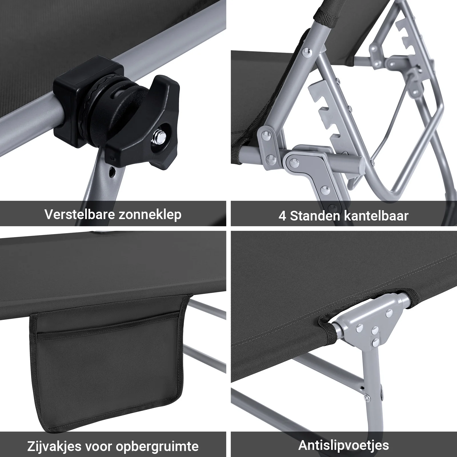 SoBuy Set van 2 Opvouwbare Ligstoelen, Verstelbare Lounge Stoelen met Luifel & 4 Standen - UV-Beschermende Zonnekap, Voor Zwembad, Camping en Buitenleven,Zwart, OGS48-SCHx2 - Image 5