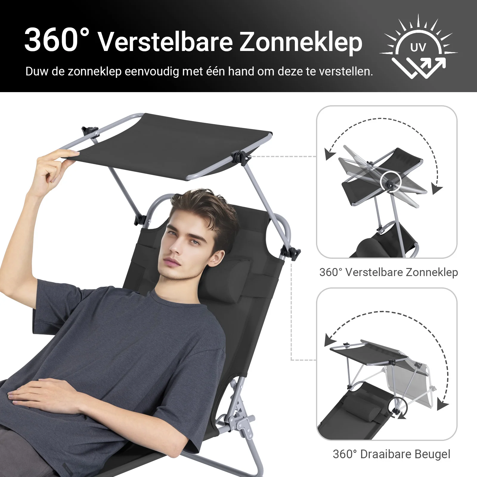 SoBuy Set van 2 Opvouwbare Ligstoelen, Verstelbare Lounge Stoelen met Luifel & 4 Standen - UV-Beschermende Zonnekap, Voor Zwembad, Camping en Buitenleven,Zwart, OGS48-SCHx2 - Image 6