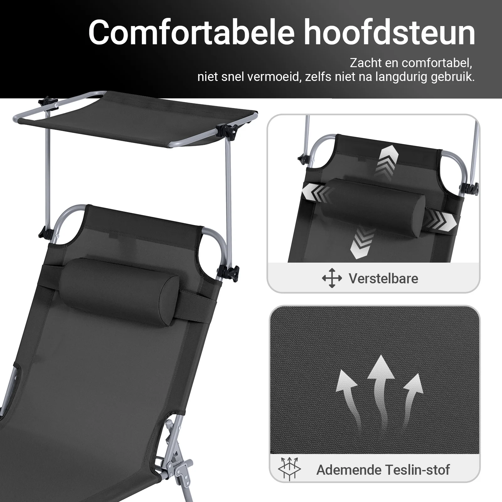 SoBuy Set van 2 Opvouwbare Ligstoelen, Verstelbare Lounge Stoelen met Luifel & 4 Standen - UV-Beschermende Zonnekap, Voor Zwembad, Camping en Buitenleven,Zwart, OGS48-SCHx2 - Image 7