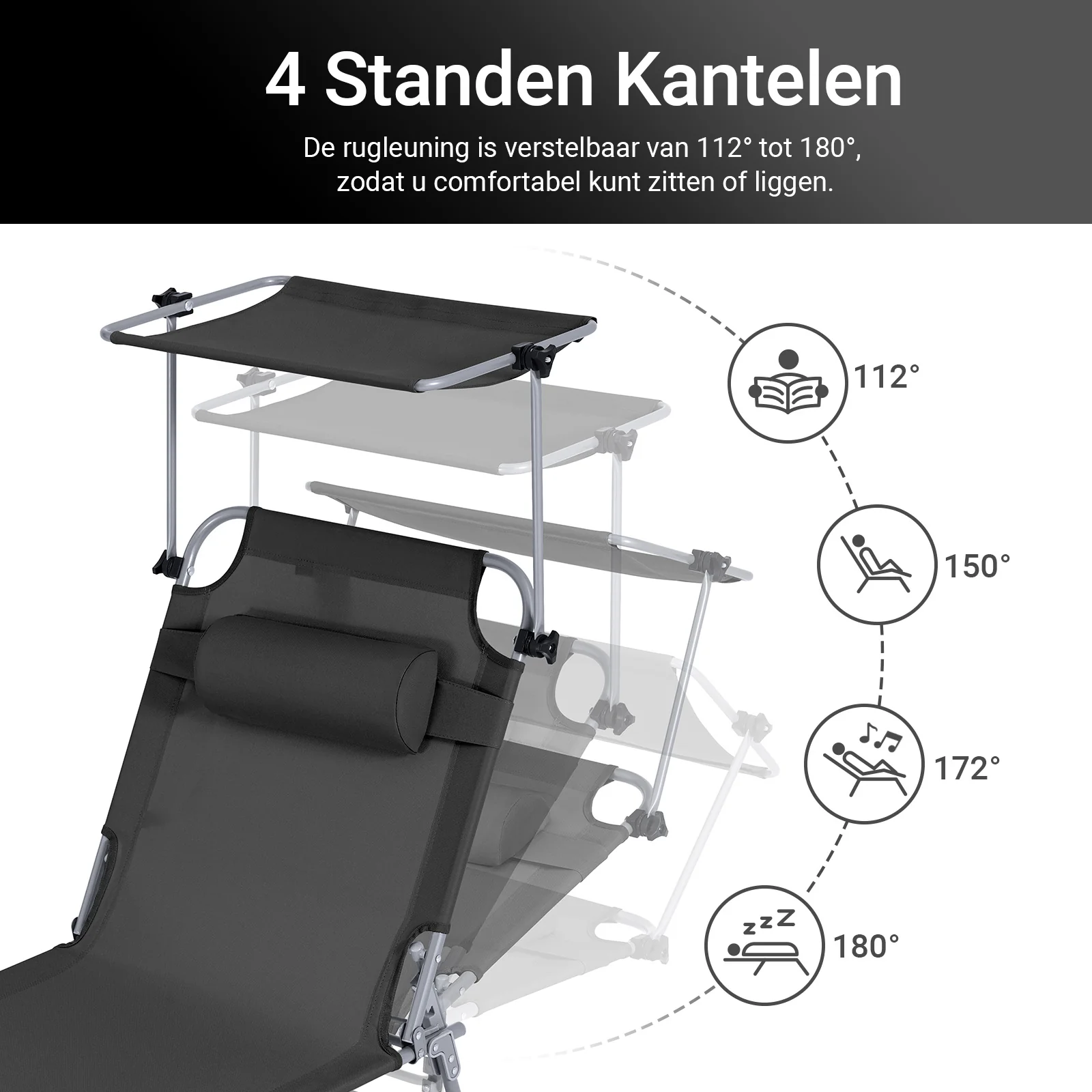 SoBuy Set van 2 Opvouwbare Ligstoelen, Verstelbare Lounge Stoelen met Luifel & 4 Standen - UV-Beschermende Zonnekap, Voor Zwembad, Camping en Buitenleven,Zwart, OGS48-SCHx2 - Image 8