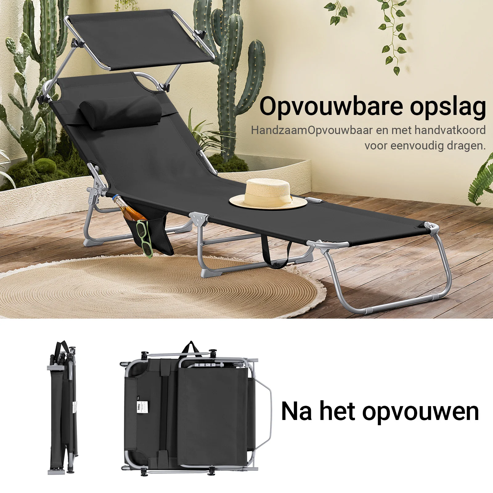SoBuy Set van 2 Opvouwbare Ligstoelen, Verstelbare Lounge Stoelen met Luifel & 4 Standen - UV-Beschermende Zonnekap, Voor Zwembad, Camping en Buitenleven,Zwart, OGS48-SCHx2 - Image 9