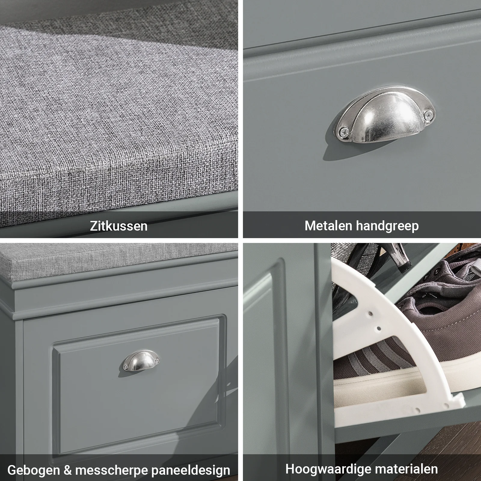 SoBuy Set FSR64-HG + FSR79-HG – Grijze Schoenenmeubel Set, Schoenenbank met Kussen + Schoenenkast met 4 Kleppen voor 16 Paar, 2-delig Halmeubel - Image 6