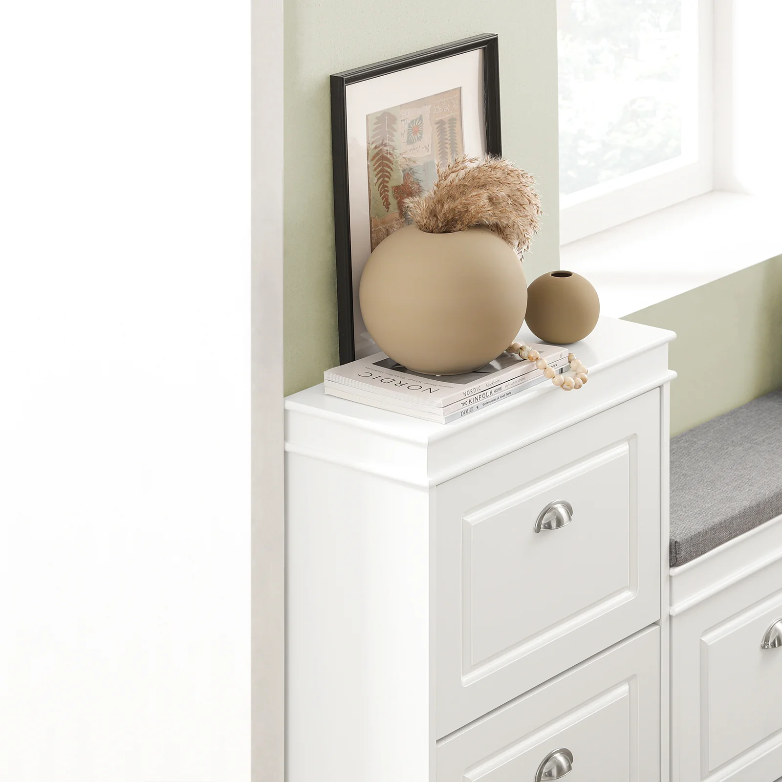 SoBuy Set FSR64-W + FSR78-W – Witte Schoenenmeubel Set, Schoenenbank met Kussen + Schoenenkast met 2 Kleppen, Smal Halmeubel, 2-delig - Image 13