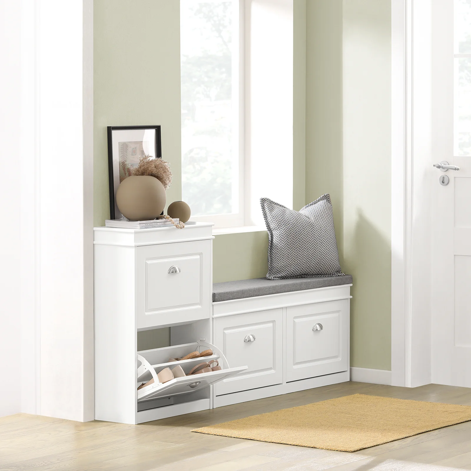 SoBuy Set FSR64-W + FSR78-W – Witte Schoenenmeubel Set, Schoenenbank met Kussen + Schoenenkast met 2 Kleppen, Smal Halmeubel, 2-delig - Image 14
