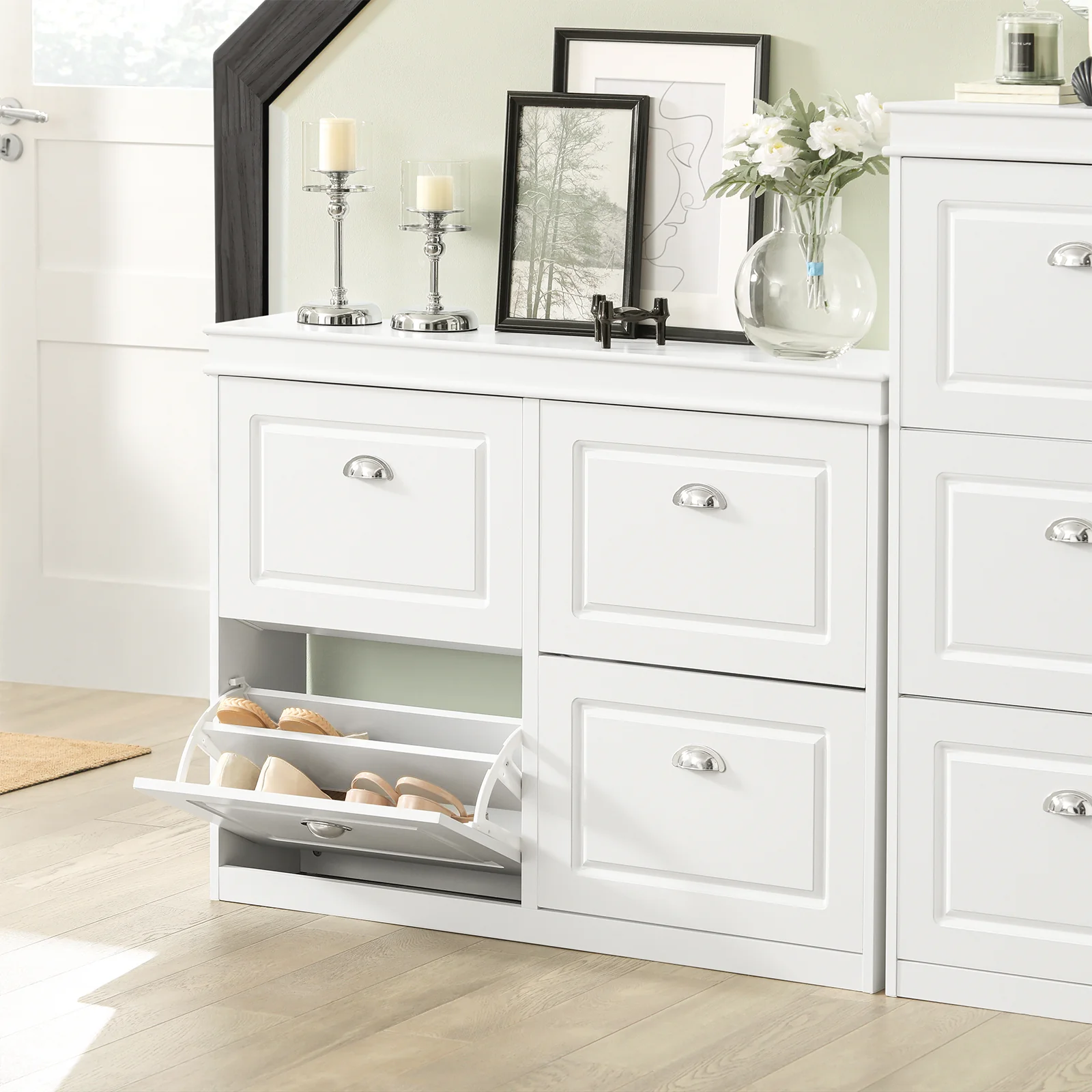 SoBuy Set FSR64-W + FSR79-W – Witte Schoenenmeubel Set, Schoenenbank met Kussen & Schoenenkast met 4 Kleppen voor 16 Paar, Smal Halmeubel - Image 14