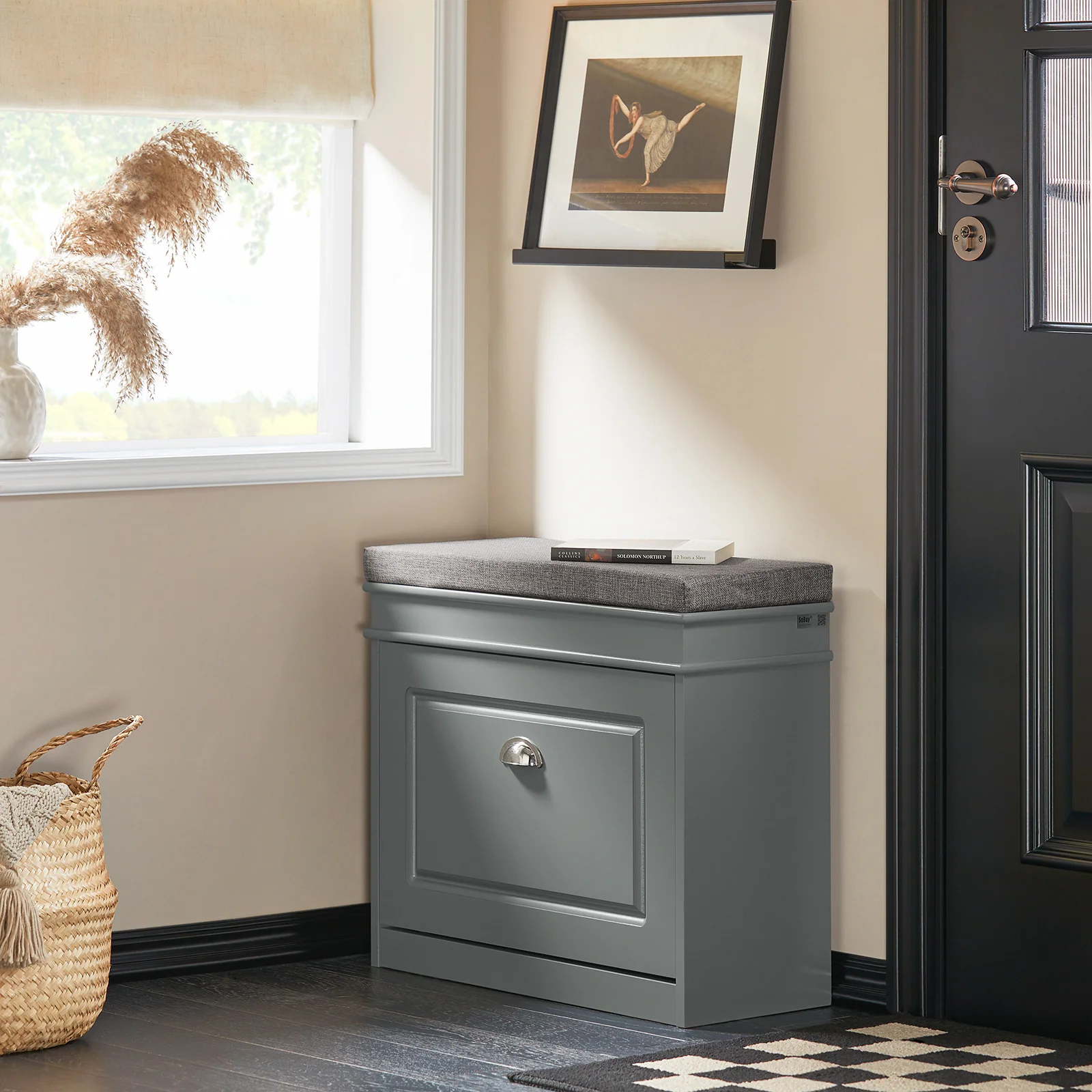 SoBuy Set FSR82-K-HG + FSR79-HG – Grijze Schoenenmeubel Set, Schoenenbank met Kussen + Schoenenkast met 4 Kleppen voor 16 Paar, 2-delig Halmeubel - Image 6